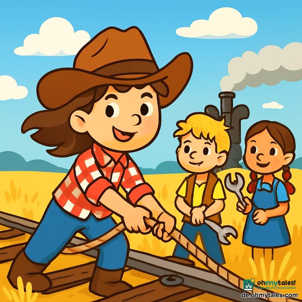 Ein junges Mädchen, Lena, steht im Mittelpunkt des Bildes, trägt einen großen Cowboyhut und ein rot-weiß kariertes Hemd. Ihre braunen Haare wehen im Wind und sie hat ein entschlossenes Lächeln im Gesicht. Sie zieht kräftig an einem Seil, um bei der Reparatur einer Eisenbahnstrecke zu helfen. Neben ihr steht ein etwa 10-jähriger Junge namens Tom mit zerzausten blonden Haaren und einer Lederweste. Er hält ein Werkzeug in den Händen, bereit zu helfen. Etwas weiter entfernt schaut Ana, ein 9-jähriges Mädchen mit Zöpfen und einem Jeanskleid, ermutigend zu und ist bereit, ein weiteres Werkzeug zu bringen. Die Kulisse ist ein weites Feld mit goldenen Gräsern unter einem strahlend blauen Himmel mit weißen Wolken. In der Ferne wartet ein Damp train, aus dem Rauch in die Luft aufsteigt. Die Szene strahlt Abenteuerlust und Kameradschaft aus, während die Kinder zusammenarbeiten, um den Zug zu retten.