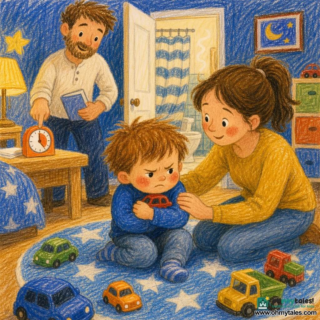 A 2-year-old boy, round face, flushed cheeks, messy light-brown hair, furrowed brows, small pout, clenched fists, sits on a star-patterned blue-and-white rug holding a small red toy car to his chest; a woman (mother, ~30) with brown hair in a ponytail and gentle eyes kneels beside him with a hand on his shoulder, smiling but attentive; a man (father, ~32) with a light beard and light shirt stands behind holding a small book and pointing to an orange timer on the table; warm evening bedroom with a soft yellow lamp, scattered plastic cars, an open door to a bathroom with a striped shower curtain and light steam; main situation: the boy refuses the bath, mother consoles him while father indicates the timer, calm reassuring scene with warm colors and crayon-like textures.