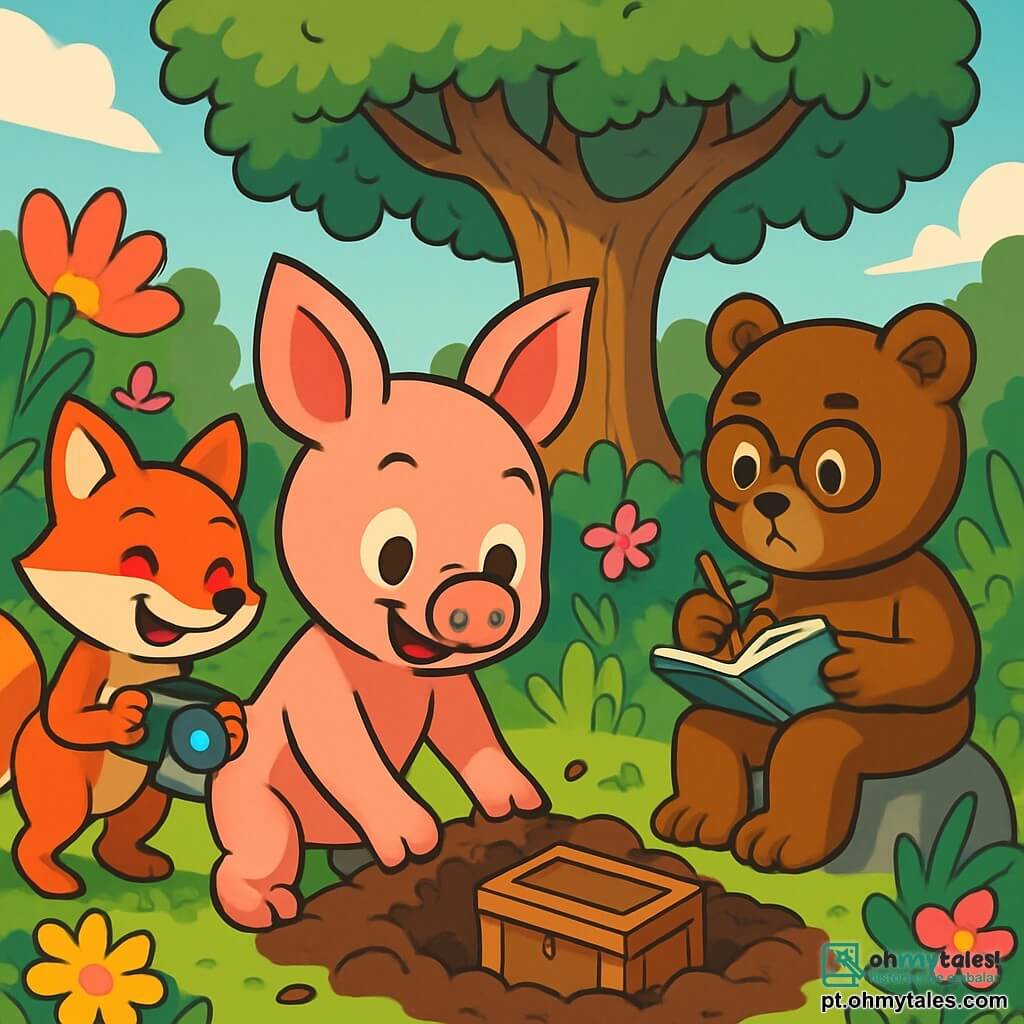 No centro da imagem, um pequeno porquinho rosa, chamado Tobias, com olhos brilhantes de curiosidade e grandes orelhas em pé, explora com entusiasmo um antigo jardim, seu pelo brilhando ao sol. Ao seu lado, uma raposinha ruiva, Lila, com um sorriso travesso, segura uma câmera, pronta para capturar cada momento da investigação. Um ursinho marrom, Bernardo, com óculos redondos e uma expressão séria, anota em um pequeno caderno, sentado em uma pedra perto deles. Ao fundo, um velho carvalho majestoso, cercado por flores coloridas e arbustos verdes, confere uma atmosfera mágica ao jardim. A cena mostra Tobias descobrindo uma caixa misteriosa enterrada no chão, enquanto seus amigos o observam com excitação, criando uma atmosfera de aventura e mistério.