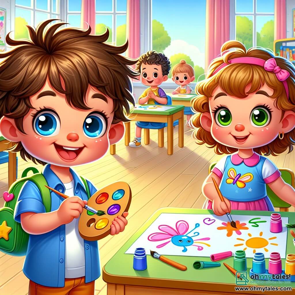A 4-year-old boy, Sam, with messy brown hair and sparkling eyes, is wearing a blue shirt and a small green backpack with stars. He stands in a bright classroom, smiling broadly while holding a colorful paint palette. Next to him, a 4-year-old girl, Lily, with curly hair and a cute pink backpack, is painting a pretty butterfly on her paper. She looks at Sam with a friendly smile, sharing this creative moment. The classroom is decorated with colorful drawings on the walls, with sunlight streaming through the windows, and wooden tables where children are seated, each focused on their artwork. The main scene shows Sam and Lily painting together, surrounded by their classmates, all immersed in the excitement of their first day of school, creating joyful and colorful memories.