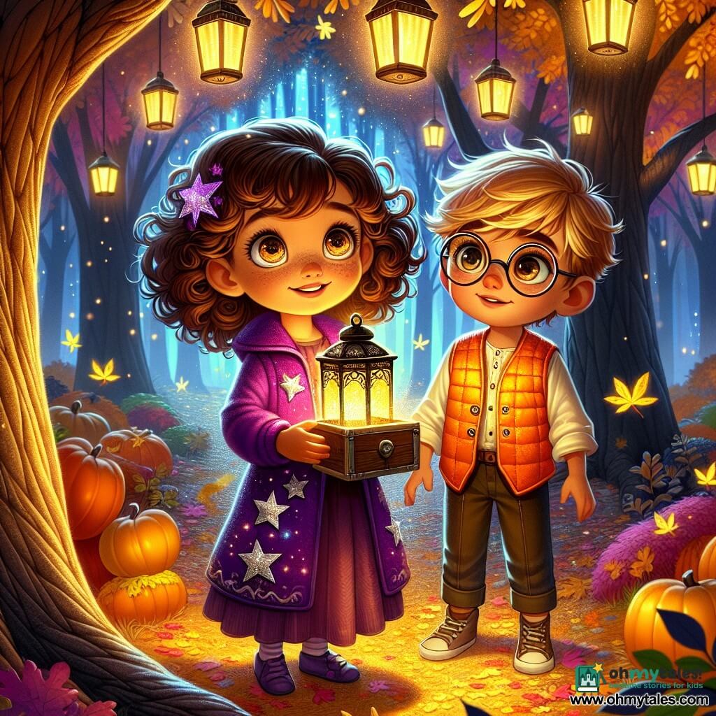 A 10-year-old girl with curly brown hair and sparkling curious eyes wears a purple jacket adorned with silver stars. She smiles in wonder, holding a small lantern that lights up her joyful face. Next to her, a 10-year-old boy with blond hair and round glasses gazes admiringly at the large oak in the clearing. He wears a bright orange vest and seems ready to uncover a secret. The setting is an enchanted clearing surrounded by tall trees with golden leaves and hanging lanterns that twinkle like stars. The ground is covered with colorful leaves, and a decorated wooden chest lies at their feet, adding a touch of mystery to the scene. The main situation shows the two children, amazed, standing in front of the open chest, discovering magical vests that shine under the moonlight, symbolizing friendship and Halloween adventure.