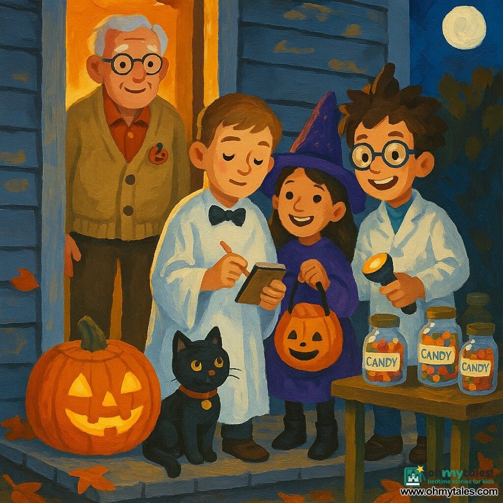 12-year-old boy with a gentle, focused face in a white ghost costume with a black bow tie, holding a small notebook or clipboard and a candy, stands on the step of an old gray wooden house; his ~9-year-old sister smiles joyfully to his left wearing a sparkly purple witch hat and holding an orange pumpkin bucket; a ~12-year-old friend dressed as a mad scientist with round glasses and messy hair stands to his right smiling and holding a flashlight; Mr. Holloway, about 70, a kind-faced man in a beige cardigan with a pumpkin brooch, stands in the open doorway bathed in warm light; small black cat Pickles with shiny fur and a bell collar sits calmly on the step near a glass jar of candy; an unlit jack-o'-lantern sits on the stoop, several labeled glass jars line a rustic table, orange and brown leaves are scattered around; soft, cozy Halloween night lighting from the door and pale moon creates a tranquil, benevolent scene of the children reuniting with the cat as the house offers jars of treats and a message of kindness.