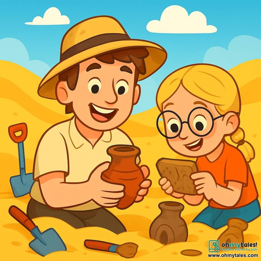 An archaeologist named Max is at the center of the image. He has a big joyful smile, messy brown hair, and wears a wide straw hat and a beige t-shirt. He is crouching in the sand, holding a small ancient pottery piece in his hands, amazed by his discovery. Next to him, a girl named Lily, about 8 years old, with braided blonde hair and round glasses, is carefully observing a clay tablet piece she holds. She is leaning forward, full of excitement. The setting is an outdoor archaeological site with golden sand dunes under a bright blue sky. Archaeological tools like shovels and brushes are scattered around, and partially buried pots and ancient statues are visible. The main scene shows Max and Lily exploring, discovering treasures from the past, surrounded by mysteries and adventures, with an atmosphere of curiosity and wonder.