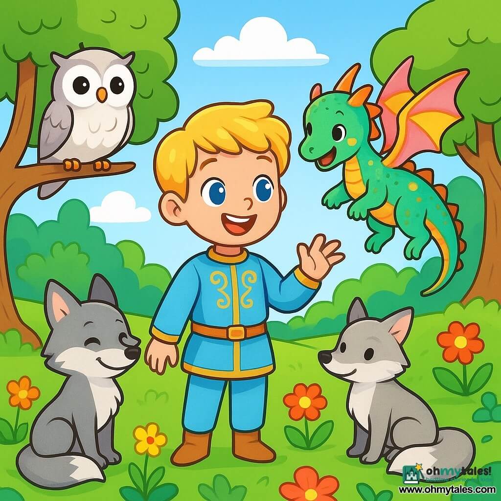 A prince named Leo, about 10 years old with shiny golden hair and sparkling light blue eyes, stands in the center of an enchanted garden. He wears a sky-blue tunic adorned with golden patterns and light pants, smiling in wonder. Beside him is a small dragon named Bella, with shimmering bright scales, joyfully flying around him, her translucent wings sparkling in the sun. A clever fox named Oliver, with silver fur, stands near Leo, his tail curled around his paws, watching with a mischievous look. In the background, a wise owl named Willow, with white feathers and round eyes, perches on a branch, watching the scene kindly. The garden is filled with brightly colored flowers, large trees with gnarled trunks, and a gentle sparkling stream winding through the landscape. Leo and his friends laugh and play together, celebrating their friendship under a blue sky dotted with fluffy clouds.