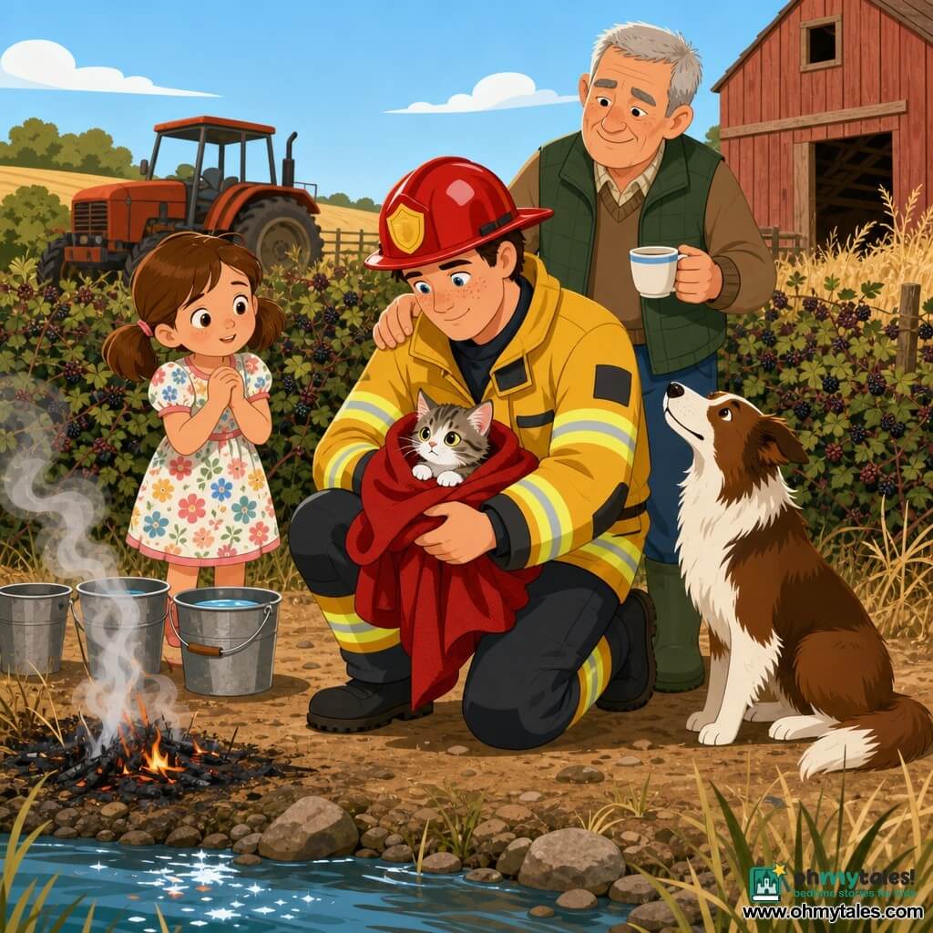 A freckled firefighter with a determined gentle expression, shiny red helmet and yellow reflective jacket kneels, wrapping a trembling kitten in a small red blanket; behind him Old Sam, an elderly man with gray crewcut hair and a warm smile holding a cup of tea in his left hand, rests a reassuring hand on the firefighter's shoulder; to the left a six-year-old girl, Maisie, with brown pigtails and a floral dress, looks anxious but relieved with hands clasped to her chest; the sheepdog Pippa, brown and white, sits nearby alert and calm; on the bank of a narrow sparkling stream with a bramble hedge, golden dry grass, a tractor and an old red wooden shed in the background, dirt ground and a few water buckets, a small patch of grass fire smolders with pale gray smoke and low flames—calm, organized rescue with precise, reassuring gestures.
