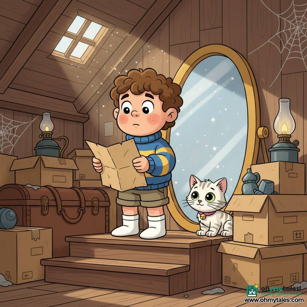 A 4-year-old boy with a round face, rosy cheeks and curly brown hair, looking amazed and slightly anxious, holds a folded old gold map in his small hands; he wears a blue-and-yellow striped sweater, khaki shorts and rolled white socks, standing on the first attic step while a white tabby kitten named Sparkle with big green eyes and a pink bell sneaks behind dusty boxes to his right; a large oval gold-framed mirror reflects sparkling dust against the back wall, and the attic—filled with brown boxes, leather trunks, an old oil lamp, fine cobwebs and beams of light through suspended dust—sets a gentle, mysterious adventure mood as the boy searches for Sparkle and the treasure.