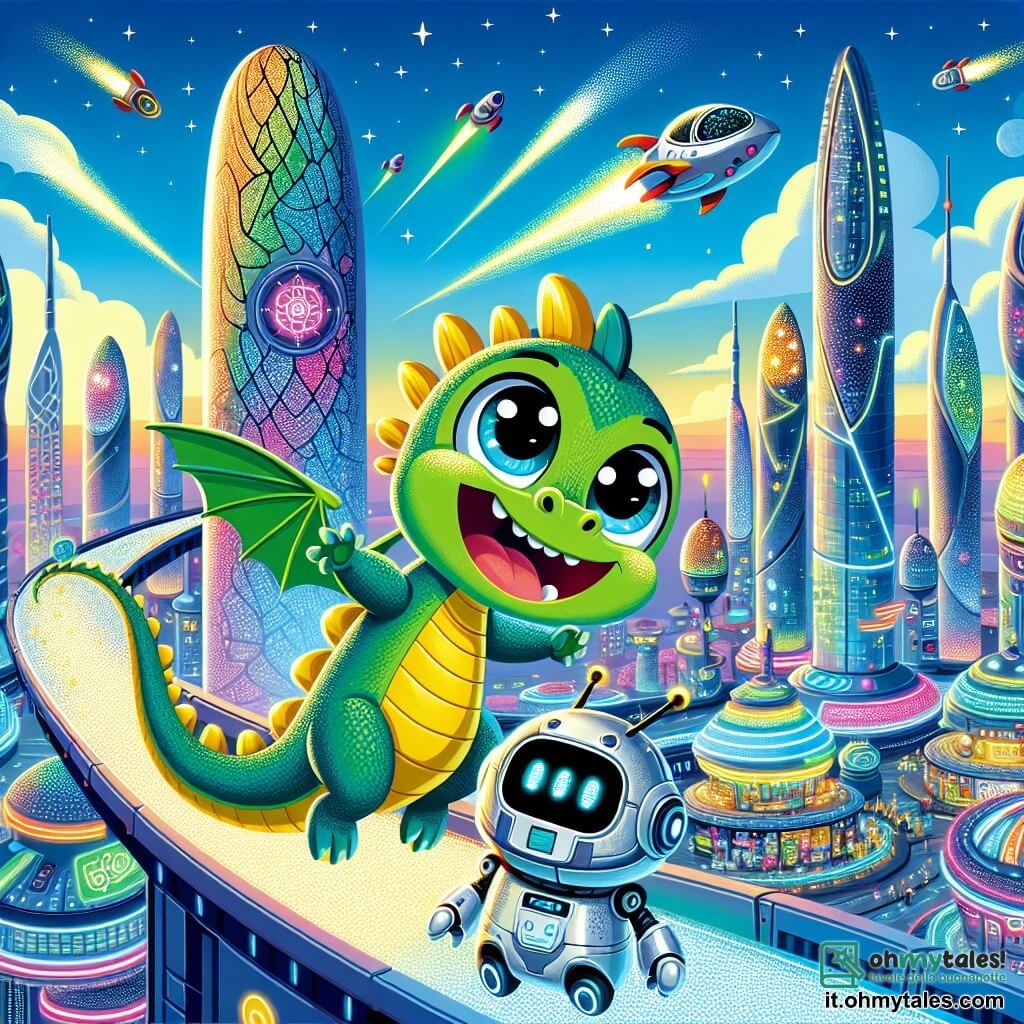 Un piccolo drago verde di nome Zippy, con grandi occhi rotondi e un sorriso splendente, vola felicemente sopra una città futuristica, le sue squame scintillanti al sole. Accanto a lui, un robot amichevole di nome Bleep, con un corpo in metallo argentato e luci lampeggianti, osserva con stupore, i suoi occhi luminosi riflettono curiosità. Sullo sfondo, la città di Lumina si erge maestosa, con edifici in vetro dalle forme organiche, illuminati da neon colorati e circondati da veicoli volanti che solcano il cielo blu. Il mercato galleggiante, pieno di bancarelle colorate, è animato da abitanti gioiosi, creando un'atmosfera festosa e vibrante. Zippy e Bleep si avvicinano a una porta scintillante, decorata con simboli misteriosi, che sembra chiamarli all'avventura, mentre una luce brillante emana dall'interno, promettendo scoperte straordinarie.