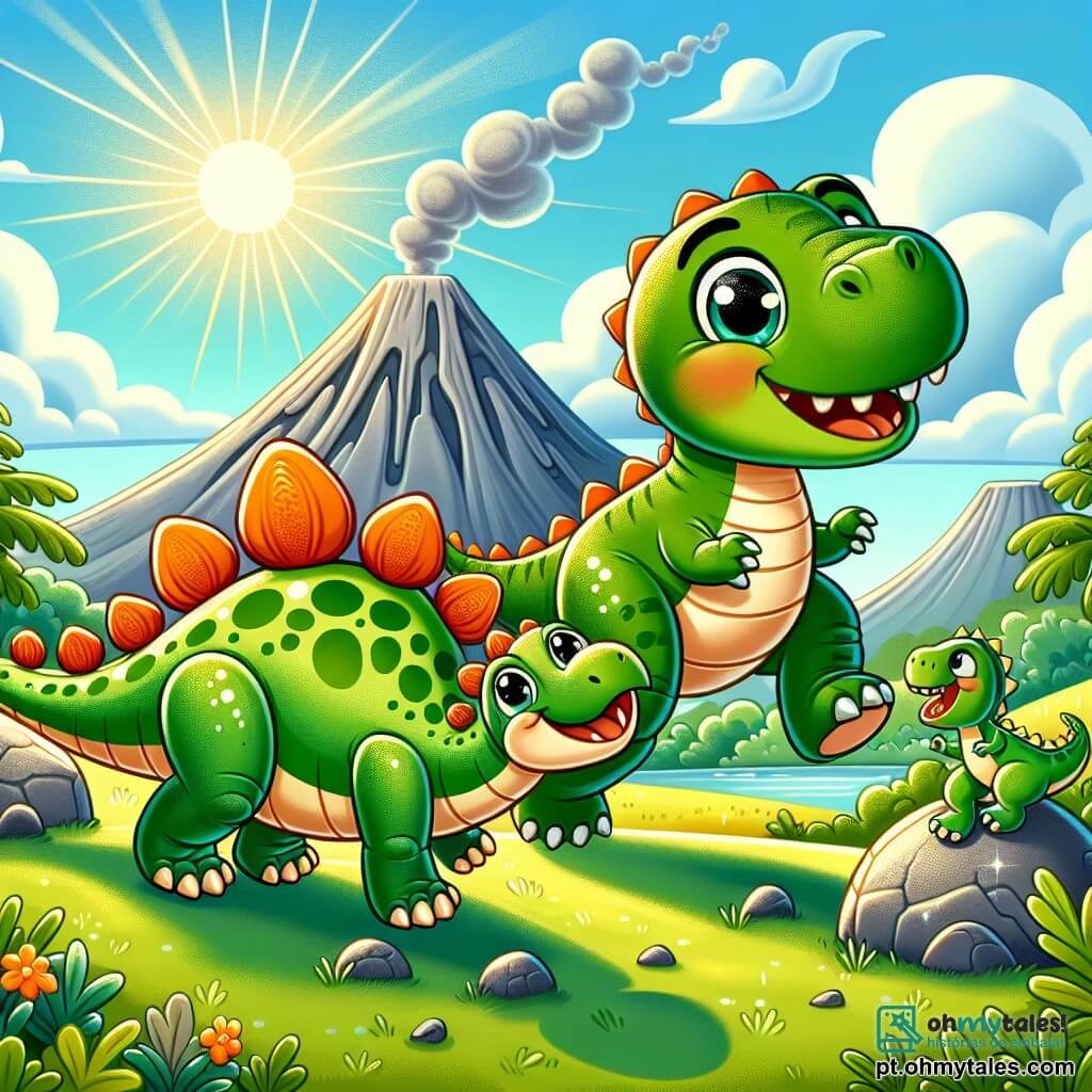 Um estegossauro alegre, com placas verdes e laranjas nas costas, está em um solo verdejante, sorrindo com olhos brilhantes de felicidade. Ao lado dele, um pequeno T-Rex com um sorriso amigável, escamas verdes e dentes brancos, salta alegremente sobre pedras. O cenário é um vale ensolarado, cercado por montanhas majestosas, com um vulcão ao fundo que solta suavemente fumaça cinza. Os dois dinossauros brincam juntos, pulando sobre pedras brilhantes, suas sombras se estendendo no chão. A cena transmite uma atmosfera de camaradagem e aventura, cheia de cores vivas e alegria.