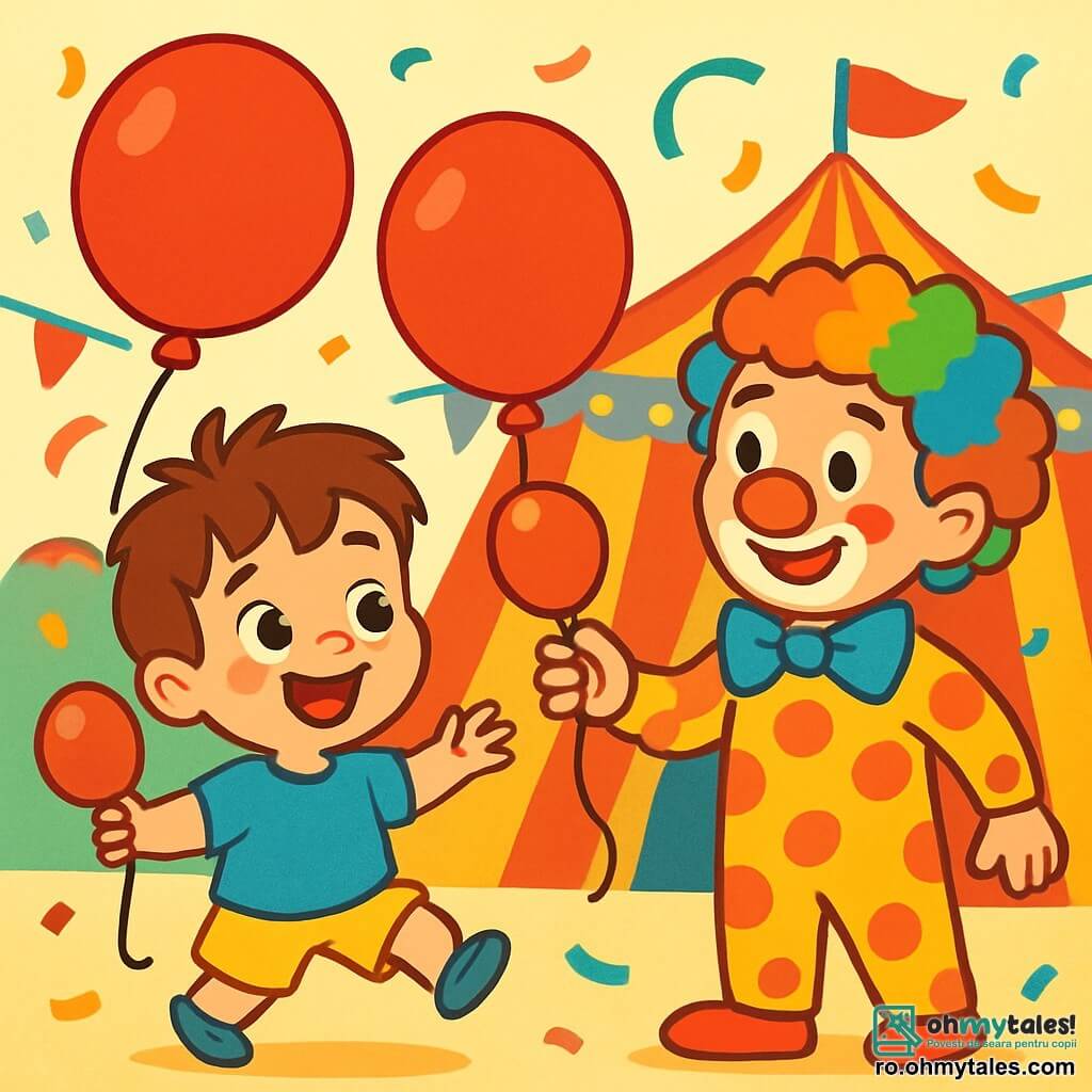 Un băiețel de 2 ani, cu părul brun dezordonat și ochi mari și strălucitori, zâmbește fericit ținând un balon roșu aprins. Poartă un tricou albastru și o pereche de pantaloni scurți galbeni și dansează cu entuziasm în mijlocul carnavalului. Lângă el, un clovn zâmbitor, în vârstă de aproximativ 30 de ani, cu un nas roșu și părul creț multicolor, îi întinde un alt balon. În fundal, o mare cort colorat cu dungi roșii și albe, plină de lumini strălucitoare și decorațiuni festive, atrage atenția. Scena emană o atmosferă veselă și festivă, cu confetti plutind în aer și râsete de copii răsunând în jur.