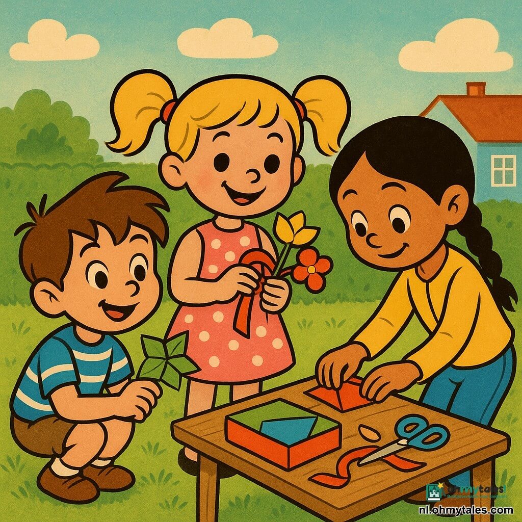 Er zijn drie kinderen: Max, 6 jaar, warrig bruin haar, hazelnootkleurige ogen, links gehurkt met een blauw gestreept T‑shirt en kaki short, fier een groene origamibloem omhoog houdend; Lotte, 5 jaar, blonde staartjes, roze wangen, in het midden staand in een roze jurk met witte stippen, glimlachend met een lint en wat papieren bloemen; Noor, 6 jaar, zwart steil haar in vlecht, gebruinde huid, rechts voorovergebogen in een geel vest en jeans, die stap voor stap toont hoe je een papieren bloem vouwt. Ze zitten in een zonnige tuin met groen gras, een houten tafeltje waarop gekleurd papier, schaar en lint liggen, haag en lichtblauw huis op de achtergrond. Ze maken origamibloemen voor Moederdag; de nadruk ligt op hun geconcentreerde handen en de gevouwen bloemen op tafel, sfeer vrolijk en warm.