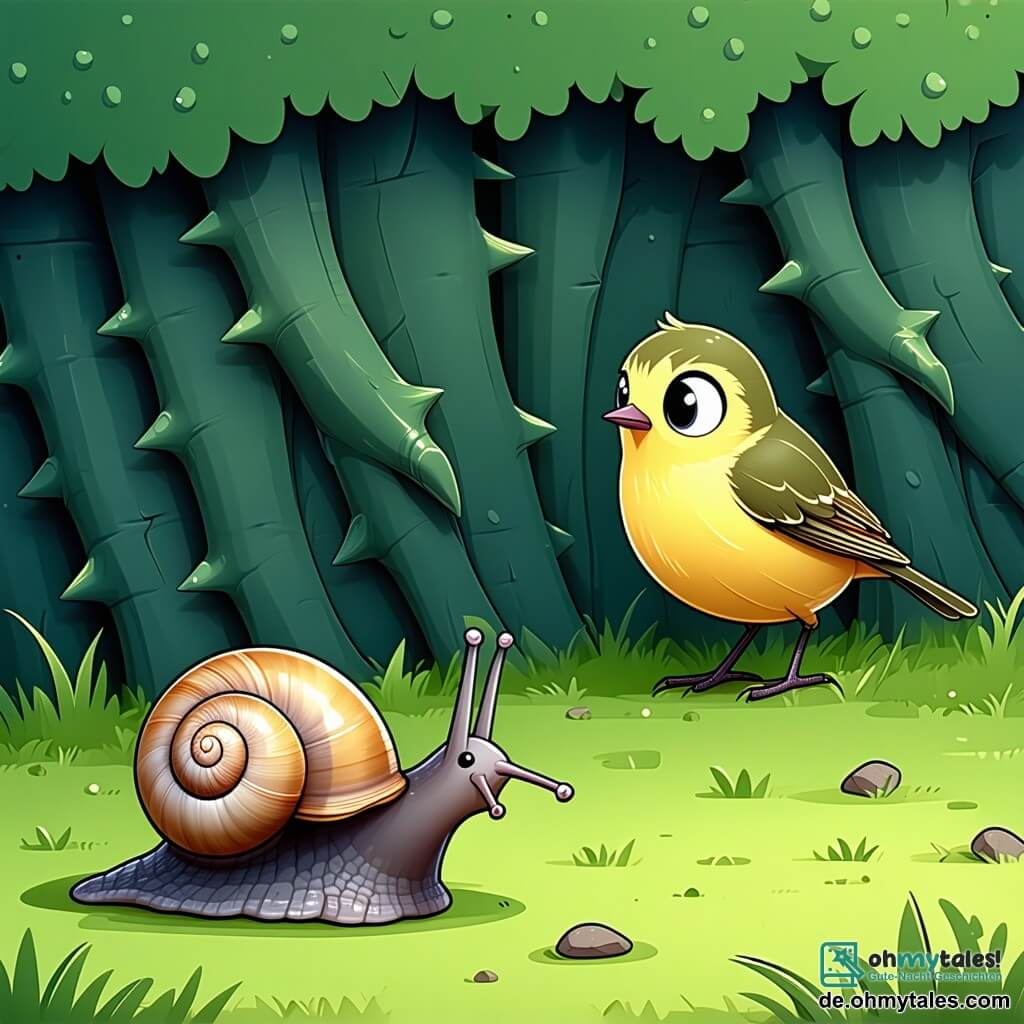 Eine kleine Schnecke namens Nilo, mit einer glänzenden Schale wie eine Perle und funkelnden Augen voller Entschlossenheit, steht vor einer dichten Hecke aus Dornen, ihr Körper zittert vor Besorgnis. In der Nähe ist ihr Freund Finni, ein Vogel mit leuchtend gelben Federn, in den Dornen gefangen, seine runden, ängstlichen Augen suchen nach Hilfe. Die Kulisse ist ein wunderschöner Funkelwald, mit majestätischen Bäumen und bunten Blumen, die im Wind tanzen, und Sonnenstrahlen, die durch das grüne Laub filtern. Nilo ist entschlossen, einen Weg zu finden, um Finni aus den Klauen der Dornen zu befreien und zu beweisen, dass selbst die Kleinsten Großes erreichen können.