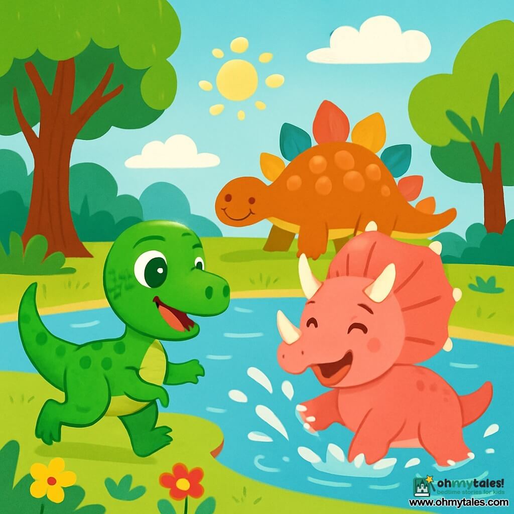 A small velociraptor named Dino, with shiny green scales and sparkling eyes, joyfully runs by a shimmering lake. Next to him, Trixie, a triceratops with large horns and pink skin, splashes the water with her feet, laughing happily. In the background, a gentle stegosaurus, with colorful plates on its back, watches them with a smile. The landscape is filled with tall trees, colorful flowers, and a clear blue sky dotted with fluffy white clouds. The scene shows Dino and Trixie playing together, splashing the lake water, while the sun shines, creating a joyful and friendly atmosphere.