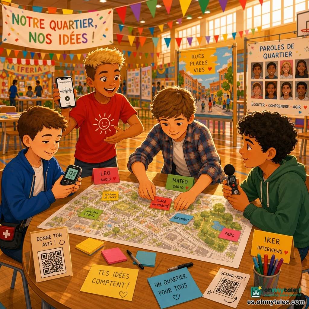 Cuatro niños de ~12 años: Bruno (piel clara, pelo castaño corto, chaqueta azul, pequeña bolsa médica en la cadera, sentado en el borde de la mesa, mirando un lector de glucemia en la mano y sonriendo), Leo (piel morena clara, pelo rubio en cepillo, camiseta roja, de pie detrás de la mesa, sonriendo y mostrando un smartphone con un audio), Mateo (piel clara, pelo castaño, camisa de cuadros, en el centro pegando etiquetas en un gran plano del barrio, pone la etiqueta "Azafrán"), e Iker (origen norteafricano, piel oliva, pelo negro rizado, sudadera verde, sentado a la derecha con un micrófono/dictáfono escuchando). Lugar: gimnasio escolar convertido en mini-feria con suelo de parquet, banderolas, mesas con mapas, post-its y códigos QR, y luz de final de tarde. Situación: los cuatro colaboran alrededor del plano del barrio pegando pastillas de color; se ve un móvil reproduciendo audio, Bruno ajusta su aparato médico, Leo activa el audio riendo e Iker sostiene el micrófono listo para grabar; ambiente cálido, acogedor y alegre.