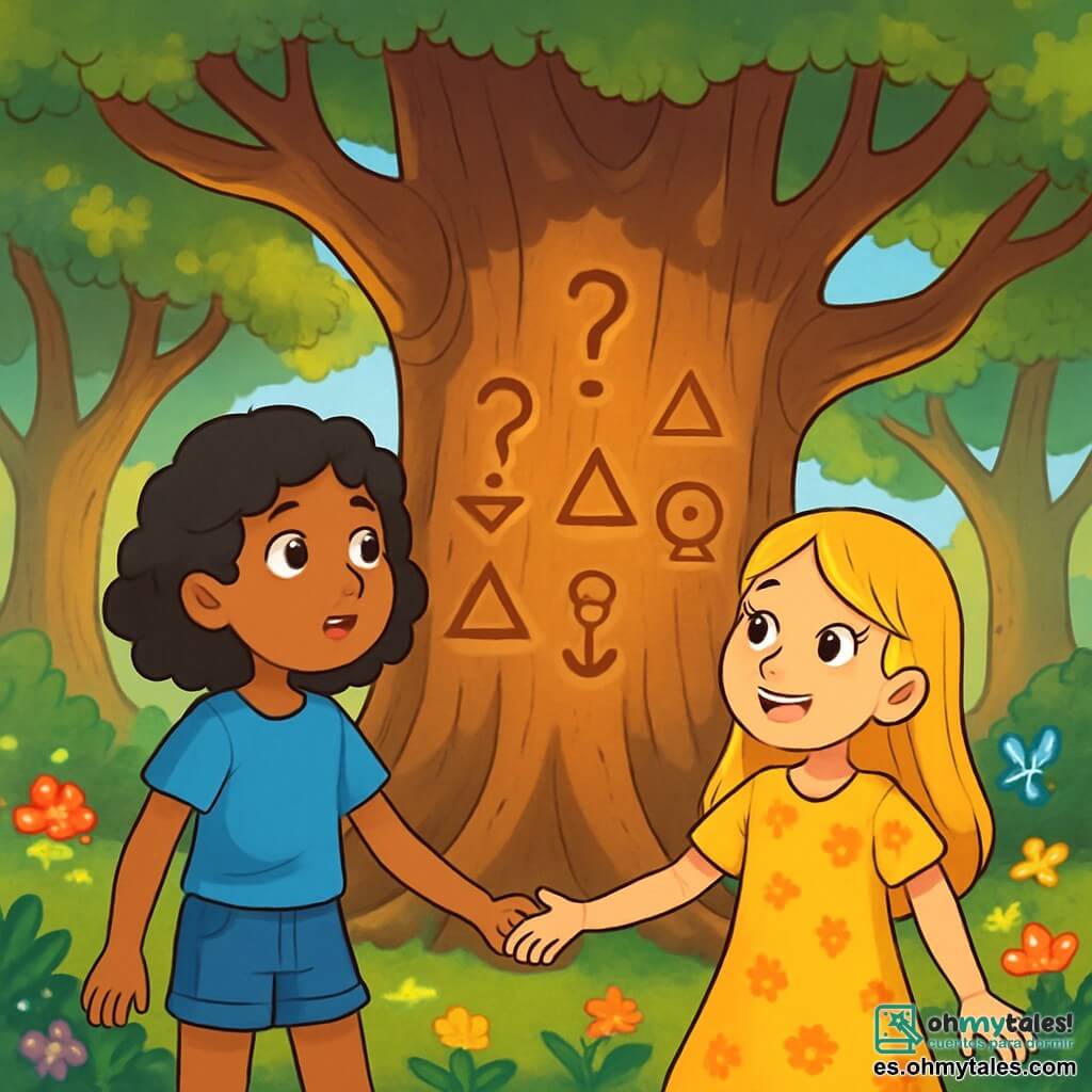 Hay 2 personajes principales: Clara, una niña de 12 años con cabello negro y rizado, que lleva una camiseta azul y un short de mezclilla, es curiosa y observa atentamente un gran árbol antiguo frente a ella; y Alba, también de 12 años, con cabello rubio y liso, vestida con un vestido amarillo con flores, sonríe y sostiene la mano de Clara, admirando el mismo árbol. La escena se desarrolla en un claro encantado en el corazón del Bosque de las Preguntas, rodeado de grandes árboles con troncos nudosos y hojas brillantes al sol. En el centro, un árbol gigante con un tronco ancho y símbolos antiguos grabados en la corteza se erige majestuosamente, con ramas que se extienden como brazos acogedores. Flores coloridas y pequeñas criaturas mágicas añaden vida a este paisaje de cuento de hadas. La historia muestra a Clara y Alba descubriendo el Árbol de las Respuestas, fascinadas por sus símbolos misteriosos, listas para escuchar los secretos que este antiguo árbol tiene para revelarles.