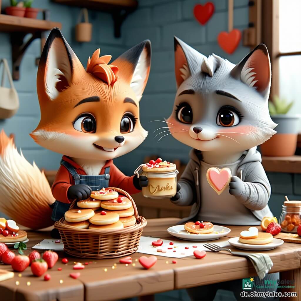 Die Szene zeigt einen kleinen anthropomorphen roten Fuchs mit großen glänzenden Augen und flauschigem Fell, freudigem, stolzem Ausdruck, der schief einen Korb mit Pfannkuchen hält und ein Glas mit herzförmigen Papierchen anbietet; die Mutter, eine größere rot-beige Füchsin mit warmem Lächeln, sitzt an einem kleinen Holztisch und nimmt das Glas mit einer ausgestreckten Pfote entgegen; die Nachbarin, eine rundliche freundliche graue Katze, bringt eine Tarte auf einem Teller und lächelt neben dem Tisch; auf dem Tisch liegen unregelmäßige Pfannkuchen, durchsichtige Gläser mit bunten Papierherzen und eine umgefallene Kerze mit Wachsplatz; der helle Garten zeigt grünes Gras, Wildblumen (Gänseblümchen, gelbe Tulpen), einen kleinen Steinweg und Sonnenstrahlen durch das Laub, im Hintergrund erkennt man sanft einen Steg und glitzerndes Wasser; die Stimmung ist zärtlich, kuschelig und leicht schelmisch, in warmen Farben (Orange, Gelb, zartes Grün) mit klaren Kontrasten, einfachen Formen und sanfter Tiefenschärfe im goldenen Spätnachmittagslicht.