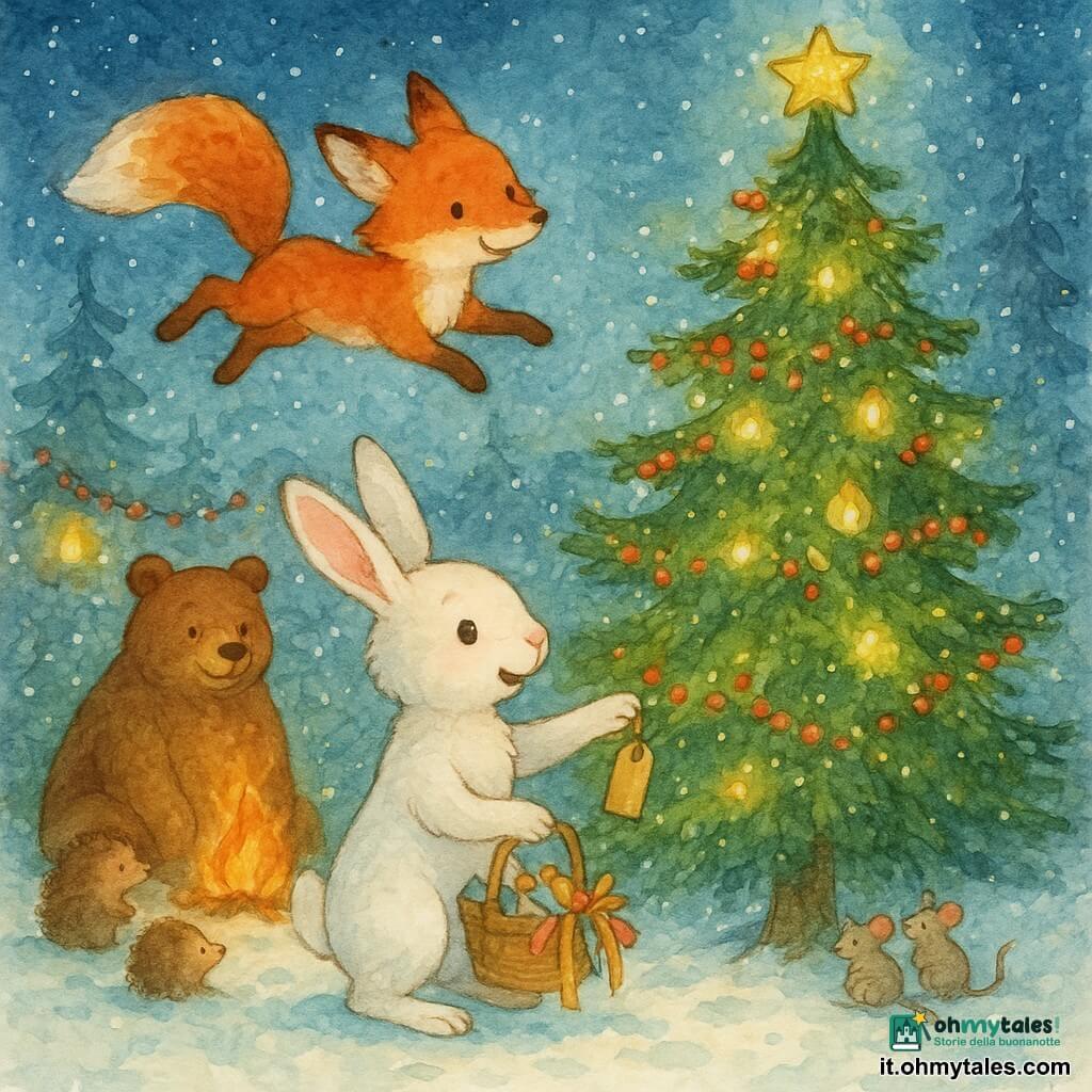 Un piccolo coniglio bianco di nome Piuma, con le orecchie dritte e gli occhi curiosi, si trova felicemente in una radura innevata, tenendo un cesto pieno di piccole etichette di legno e nastri colorati. Accanto a lui, una grande volpe volante, Lume, con un pelo rosso brillante e occhi maliziosi, salta graziosamente tra i rami di un grande abete illuminato. Sullo sfondo, un imponente orso bruno, Bruno, con uno sguardo dolce e amichevole, è seduto vicino a un falò scoppiettante, circondato da piccoli animali come ricci e topi, tutti sorridenti e attenti. La radura è magnificamente decorata con ghirlande di bacche rosse e lanterne scintillanti, sotto un cielo stellato dove la neve cade dolcemente. La scena principale mostra Piuma che posiziona con cura un'etichetta ai piedi del grande abete, che brilla di mille luci, simboleggiando lo spirito del Natale e l'importanza del rispetto e dell'accoglienza.