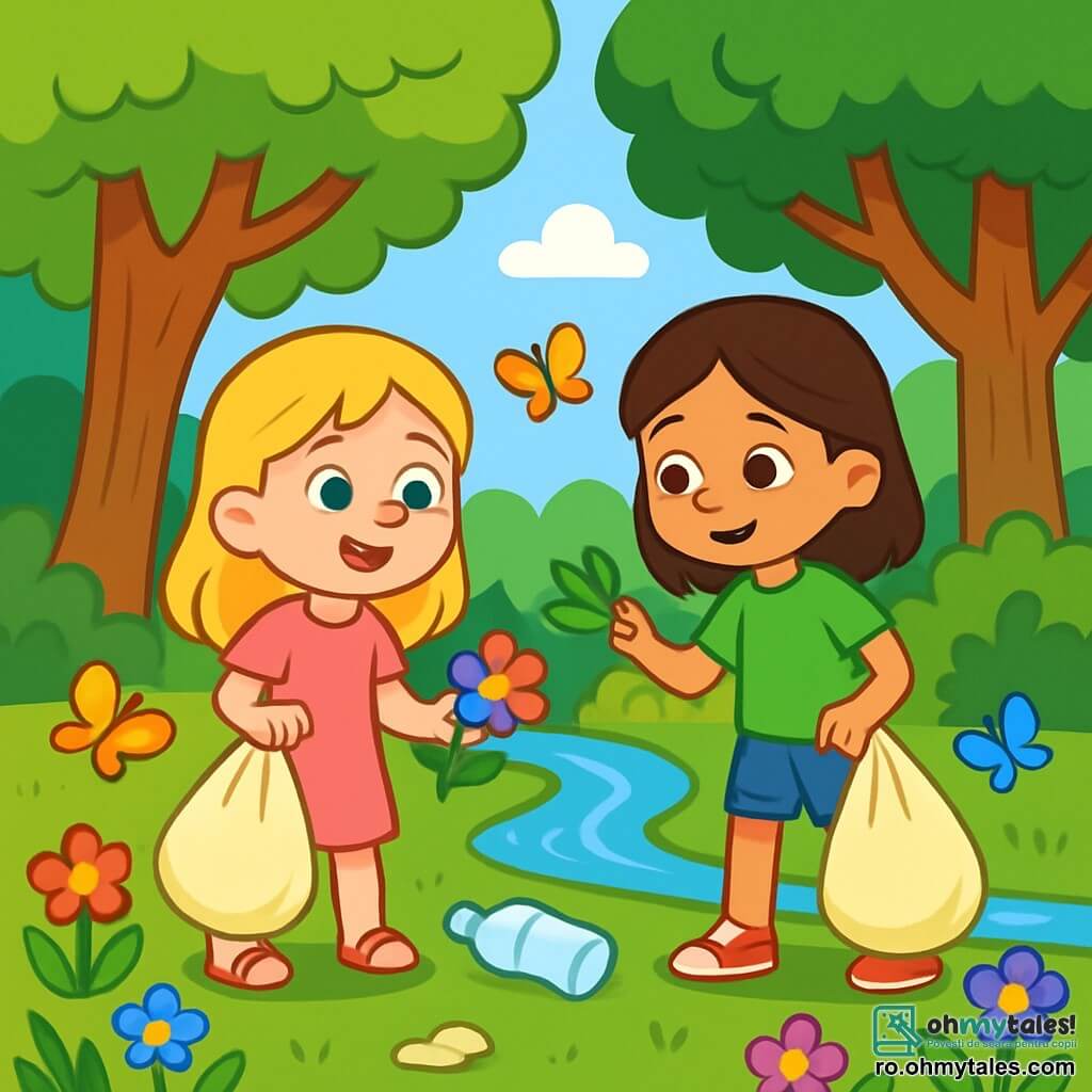Există două personaje principale: Ana, o fetiță de 7 ani, cu părul blond și ochi albaștri, îmbrăcată într-o rochie roz și sandale, stând în stânga, zâmbitoare, privind o floare colorată, și Mira, o fetiță de 7 ani, cu părul brun și ochi căprui, purtând un tricou verde și o pereche de pantaloni scurți din denim, aflată în dreapta, atingând delicat o frunză de copac. Acțiunea are loc într-o pădure verde, plină de copaci impunători și flori multicolore, cu un pârâu cristalin care curge lin. Ana și Mira strâng deșeuri din pădure, având saci de plastic în mână, zâmbind mândre de fapta lor, înconjurate de o natură frumoasă și curată, subliniind importanța protejării mediului.