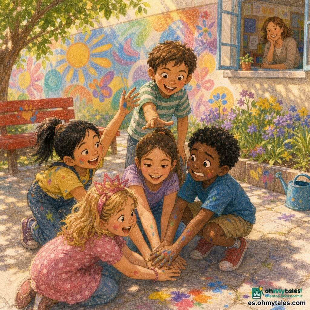 Hay cinco niños: Luna, 9 años, castaña con el pelo recogido, agachada en el centro con la mano en la base de la pirámide; Santi, 7 años, rizos negros, a la derecha y con la mano en la cima, nerviosa pero feliz; Mei, 8 años, cola de caballo negra, a la izquierda, traviesa y levantando la mano del segundo nivel; Carla, 7 años, rubia con un lazo en forma de corona, arrodillada delante con las manos en la base riendo; y Nico, 8 años, chico de pelo castaño corto, de pie detrás ofreciendo ayuda y sonriendo. Escena en un patio escolar colorido con un banco rojo, un gran muro pintado tipo mural, parterres con flores amarillas y moradas, césped iluminado por el sol, baldosas claras y una ventana de aula abierta donde la maestra observa; detalles breves: una regadera junto a una jardinera y sombras suaves de árboles. Los cinco forman una pirámide de manos inestable pero alegre, con manos apiladas en niveles, manchas de pintura en los dedos, expresiones de solidaridad, risas y luz cálida de la tarde; estilo: lápices de colores, trazos suaves, colores vivos y textura de papel visible.