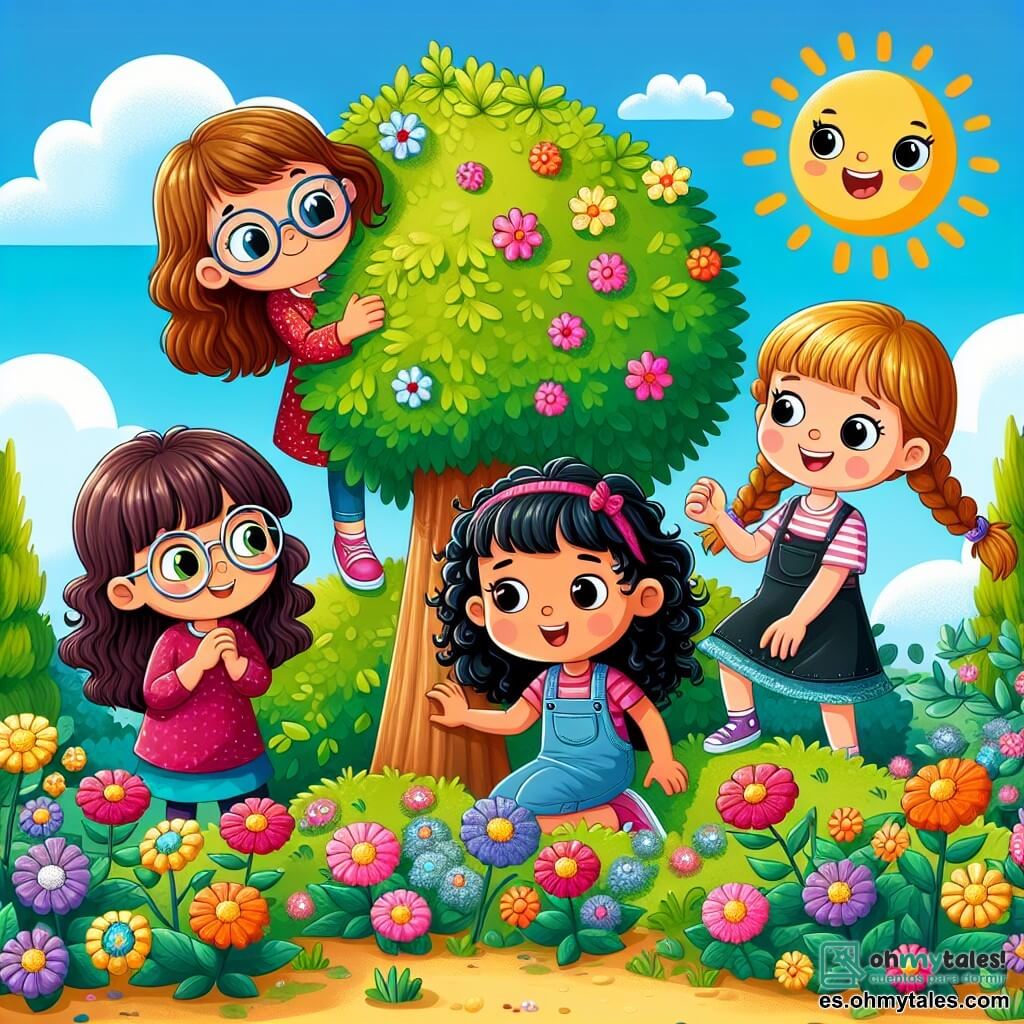 En un parque soleado, cuatro niñas de siete años están reunidas. Sofía, con largos cabellos castaños y gafas redondas, se esconde detrás de un gran árbol, observando a sus amigas con una sonrisa curiosa. Valentina, con cabello rubio y rizado, está oculta en un arbusto de flores coloridas, su rostro iluminado por la emoción. Lucía, con cabello negro y un vestido rosa, se encuentra de pie en un pequeño montículo, riendo alegremente. Camila, con cabello castaño trenzado, sube una pequeña colina, con los brazos en alto, lista para explorar. El parque está lleno de flores vibrantes, pero algunas parecen marchitas y algunos árboles están perdiendo sus hojas. El cielo es de un azul brillante, salpicado de nubes blancas, y el sol brilla intensamente, creando una atmósfera alegre pero preocupante. Las cuatro amigas discuten seriamente sobre el estado de las flores, decididas a investigar su salud y encontrar soluciones para ayudar a su parque a recuperar su belleza.