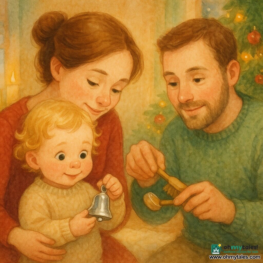 A 2-year-old girl with a round face, rosy cheeks and blond curls, amazed and shyly smiling, gently shakes a small shiny silver bell; her mother (about 30, brown hair in a bun, warm red dress) leans beside her with a hand on her shoulder, and her father (about 32, short beard, green sweater) stands slightly behind to the right holding a small wooden brush to show how to clean the bell; cozy Christmas living room with a green tree decorated with red and gold baubles, warm lights, a cream rug, candles and a window with snow outside; the bell has stopped ringing and the parents help clean it, mood calm and gently joyful, golden light, soft watercolor texture, palette of reds, greens, gold and cream.