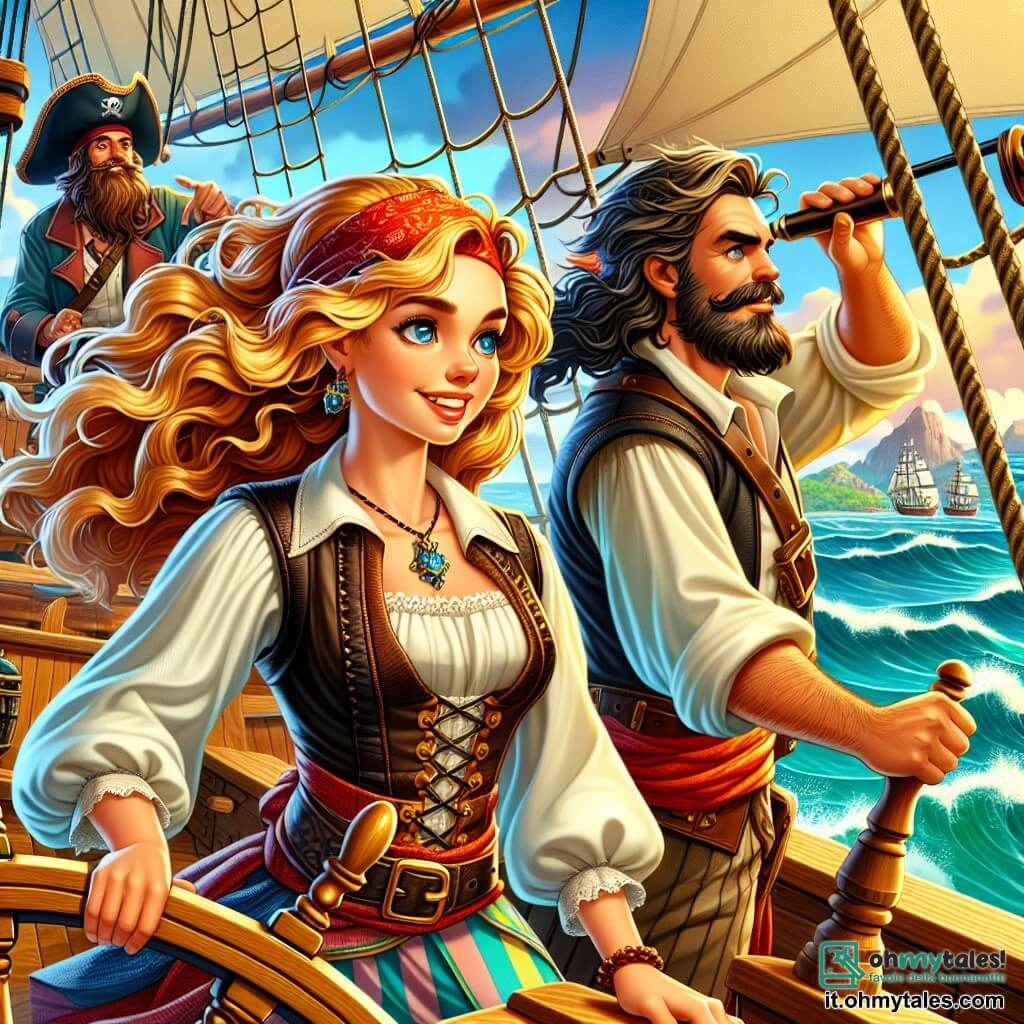 Marina, una giovane pirata di circa 20 anni, si erge orgogliosa sul ponte della sua nave, il Vento del Destino. I suoi capelli biondi fluttuano al vento e i suoi occhi blu brillano di eccitazione e determinazione. Indossa un costume da pirata colorato, con una camicia bianca, un gilet di pelle e un foulard rosso annodato attorno alla testa. Tieni saldamente il timone, guardando l'orizzonte con un sorriso audace. Accanto a lei, Bartolo, un uomo robusto di circa 40 anni, controlla le vele. Ha una barba incolta e indossa un bandana nero. La sua espressione è concentrata, e lancia uno sguardo ammirato a Marina, pronto a sostenerla in questa avventura. Isabella, una navigatrice astuta di circa 30 anni, si trova vicino alla prua, scrutando il mare con un telescopio. Ha i capelli castani raccolti in uno chignon e indossa una blusa da marinaio. Il suo viso mostra una calma determinazione, pronta a guidare l'equipaggio verso il tesoro. Il luogo è un vasto oceano, con onde scintillanti sotto un cielo blu punteggiato di nuvole bianche. Il Vento del Destino, un magnifico veliero a vele bianche, solca le acque con grazia, mentre l'isola di Tempesta si profila in lontananza, misteriosa e avvolta nella nebbia. La situazione principale mostra Marina, Bartolo e Isabella in preparazione per affrontare una tempesta imminente, determinati a navigare verso l'isola del tesoro, illustrando così il loro coraggio e spirito di squadra di fronte all'avventura che li attende.