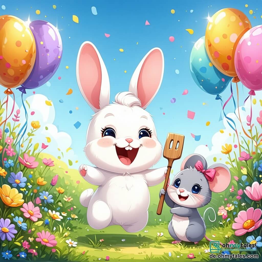 Max, ein kleiner weißer Hase mit großen Ohren und funkelnden Augen, springt vor Freude in einer sonnigen Wiese, umgeben von bunten Blumen und schwebenden Ballons. Neben ihm lächelt Lila, eine kleine graue Maus mit einer rosa Schleife auf dem Kopf, während sie einen Holzlöffel hält, bereit, ihm bei der Vorbereitung einer großen Geburtstagsfeier zu helfen. Weiter weg klettert Benny, ein brauner Eichhörnchen mit schelmischen Augen, auf einen Baum, lacht und hält ein Schild aus Blättern, auf dem steht: "Herzlichen Glückwunsch zum Geburtstag, Max!". Der Ort ist eine grüne Wiese, übersät mit leuchtenden Blumen, unter einem hellblauen Himmel mit flauschigen Wolken, was eine festliche und fröhliche Atmosphäre schafft. Die Hauptsituation zeigt Max und seine Freunde, die eine große Geburtstagsfeier vorbereiten, gefüllt mit Lachen, Spielen und Überraschungen, und den Geist von Freundschaft und Feierlichkeit verkörpern.