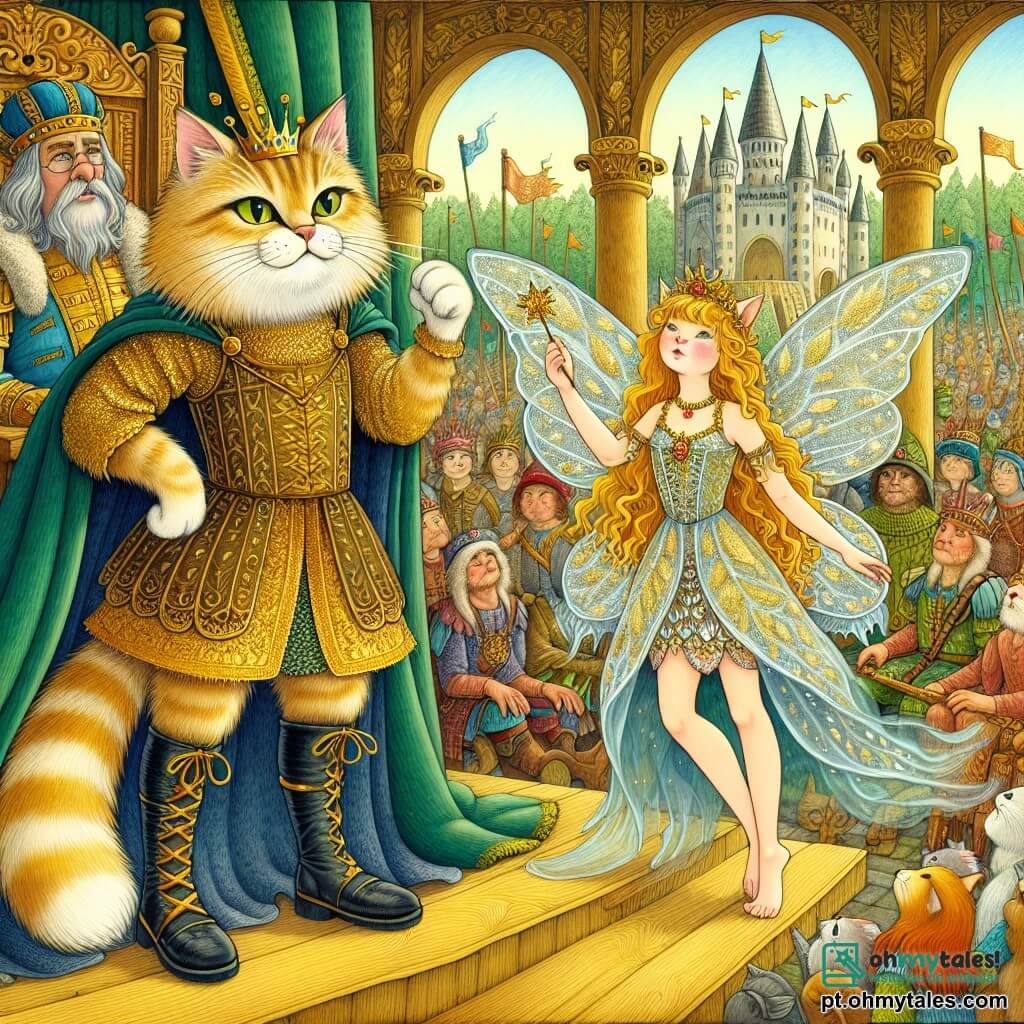 O Gato de Botas, um gato elegante com pelagem dourada e botas de couro preto, se posiciona orgulhosamente no centro do palco, com uma expressão determinada e corajosa. Seus olhos brilham de inteligência enquanto levanta uma pata para se dirigir à multidão. Ao seu lado, a Fada Verde, uma bela criatura com asas cintilantes e cabelos longos e ondulados, flutua levemente acima do chão, seu rosto radiante de sabedoria e bondade. Ela segura uma varinha mágica adornada com folhas, pronta para apoiar o Gato em sua missão. Ao fundo, o rei, um homem de meia-idade com uma coroa dourada e uma capa ricamente bordada, observa a cena com um olhar pensativo, sentado em seu trono de madeira esculpida, cercado por guardas armados. A cena acontece diante do majestoso castelo, com torres esguias e bandeiras tremulando, enquanto uma grande multidão de cidadãos, crianças e animais da floresta se reúne, brandindo cartazes coloridos em favor da proteção da floresta. O Gato de Botas e a Fada Verde se dirigem ao rei e à multidão, pleiteando com paixão para salvar a floresta ameaçada, criando uma atmosfera de solidariedade e esperança.