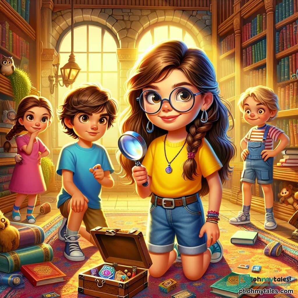 Uma menina de 10 anos, Clara, com longos cabelos castanhos e óculos redondos, exibe uma expressão de intensa curiosidade. Ela usa uma camiseta amarela e um shorts de jeans, segurando uma lupa na mão direita, inclinada em direção a uma velha caixa escondida sob uma prateleira. Ao lado dela, Lucas, um menino de 10 anos com cabelos castanhos bagunçados, observa maravilhado, vestindo uma camiseta azul e uma calça cargo. Sofia, outra menina de 10 anos com cabelos loiros trançados, está um pouco atrás, com as mãos na cintura e um sorriso travesso, pronta para descobrir o segredo. O cenário é uma biblioteca antiga, com grandes estantes de madeira cheias de livros coloridos, lâmpadas de luz suave e tapetes macios no chão. Raios de sol filtram pelas janelas, criando uma atmosfera acolhedora e misteriosa. A situação principal mostra Clara descobrindo uma caixa secreta, cercada por seus amigos, todos animados com a ideia de resolver o mistério do livro desaparecido.