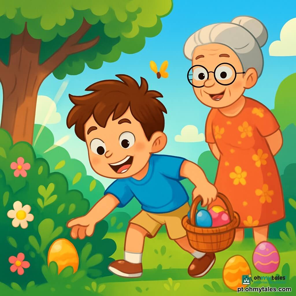 Um menino de 8 anos, Miguel, com cabelos castanhos bagunçados e olhos brilhantes de curiosidade, está procurando ovos de Páscoa em um jardim ensolarado. Seu rosto expressa uma alegria intensa e uma excitação palpável, com as bochechas rosadas pelo esforço. Ele usa uma camiseta azul vibrante e um short bege, segurando uma pequena cesta de vime cheia de ovos coloridos. Ao seu lado, sua avó, uma mulher idosa com cabelos grisalhos em um coque e óculos redondos, sorri carinhosamente enquanto o observa. Ela está vestida com um vestido florido e se posiciona perto de uma árvore, pronta para incentivá-lo. O jardim está repleto de flores vibrantes, borboletas dançantes e árvores majestosas, criando uma atmosfera alegre e primaveril. Ovos de Páscoa decorados com cores vivas estão escondidos entre a grama verde e os arbustos floridos. A cena principal mostra Miguel, maravilhado, descobrindo um ovo brilhante escondido sob um arbusto, enquanto os raios de sol filtram através das folhas, iluminando seu rosto radiante.