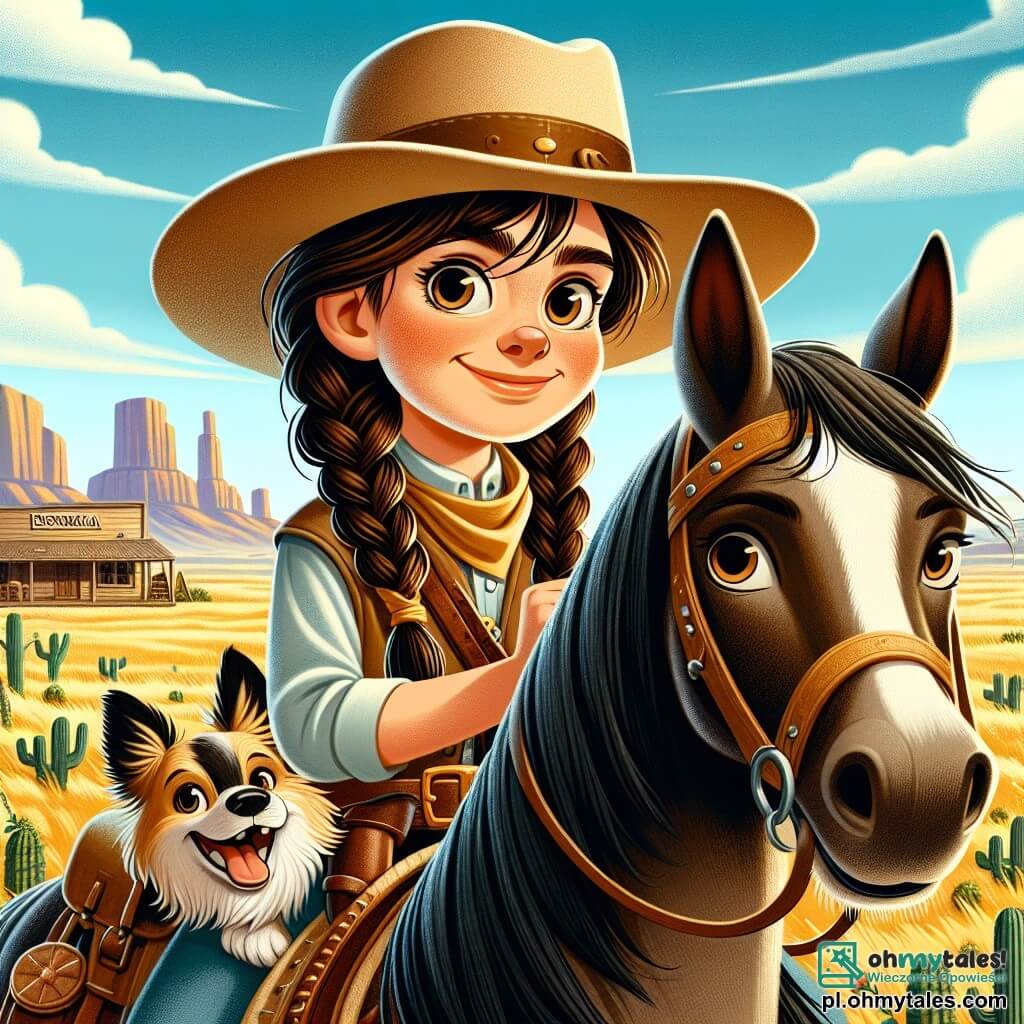 Odważna cowgirl Lena, mająca około 12 lat, dumnie stoi na swoim koniu Błyskawicy. Ma długie, splecione brązowe włosy, beżowy kapelusz cowgirl i zdeterminowany uśmiech na twarzy. Jej oczy błyszczą ekscytacją i odwagą, gdy patrzy w dal. Obok niej jej wierny pies Dakota, mały piesek o złotym futrze, radośnie szczeka, gotowy towarzyszyć jej w przygodzie. Stoi na tylnych łapach, z uszami w górze, wydaje się niecierpliwy. Tło to rozległy krajobraz Dzikiego Zachodu, ze złotymi wzgórzami pod jasnoniebieskim niebem. Widać rozsiane kaktusy i stary drewniany saloon w oddali, co dodaje autentyczności scenie. Lena, z zdecydowanym wyrazem twarzy, przygotowuje się do stawienia czoła bandzie bandytów, która zagraża jej wiosce. Mocno trzyma wodze swojego konia, gotowa wyruszyć na pomoc przyjaciołom i chronić ich cenny skarb.