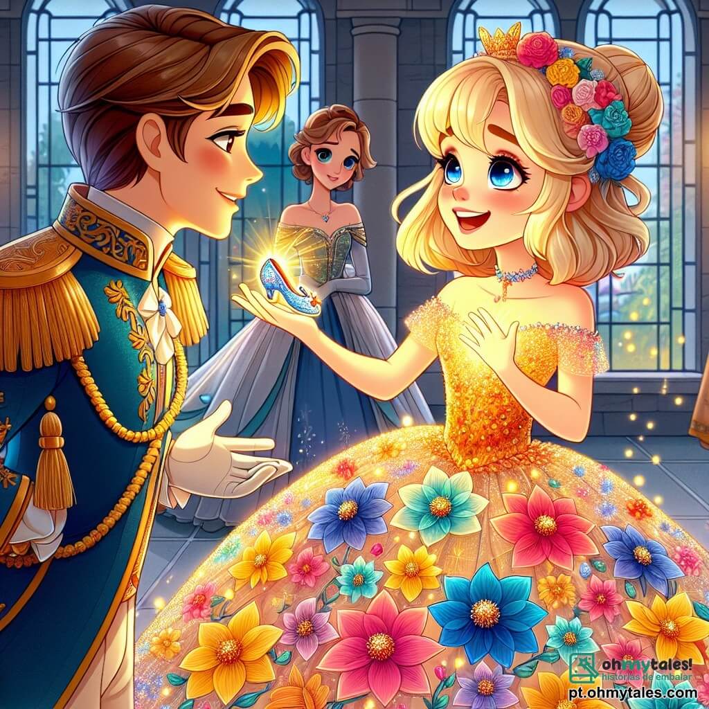 Cinderela, uma jovem de aproximadamente 18 anos, está no centro da imagem, radiante e cheia de emoção, com um sorriso brilhante. Ela usa um lindo vestido feito de pétalas de flores coloridas e raios de sol, e seus cabelos loiros estão adornados com pequenas flores. Ela olha com admiração para o príncipe, segurando delicadamente um pequeno sapatinho de cristal na mão. À sua direita, o príncipe, um jovem de cerca de 20 anos, está elegante em um traje real azul e dourado, com cabelos castanhos bem penteados. Ele tem um olhar admirativo e estende a mão para Cinderela, pronto para convidá-la a dançar. Ao fundo, as duas irmãs de Cinderela, com cerca de 16 e 17 anos, estão um pouco afastadas, com expressões de surpresa e curiosidade. Elas vestem vestidos simples, mas elegantes, e seus rostos mostram uma mistura de admiração e arrependimento. A cena se passa em um magnífico castelo, com grandes janelas adornadas com vitrais coloridos, candelabros cintilantes e paredes cobertas de ricas tapeçarias. Um grande baile está em andamento, com convidados dançando alegremente ao redor, criando uma atmosfera mágica e festiva. A situação principal mostra Cinderela, no meio do baile, descobrindo a magia do amor e da aceitação, enquanto se prepara para dançar com o príncipe, simbolizando um novo começo e a promessa de uma vida cheia de felicidade.