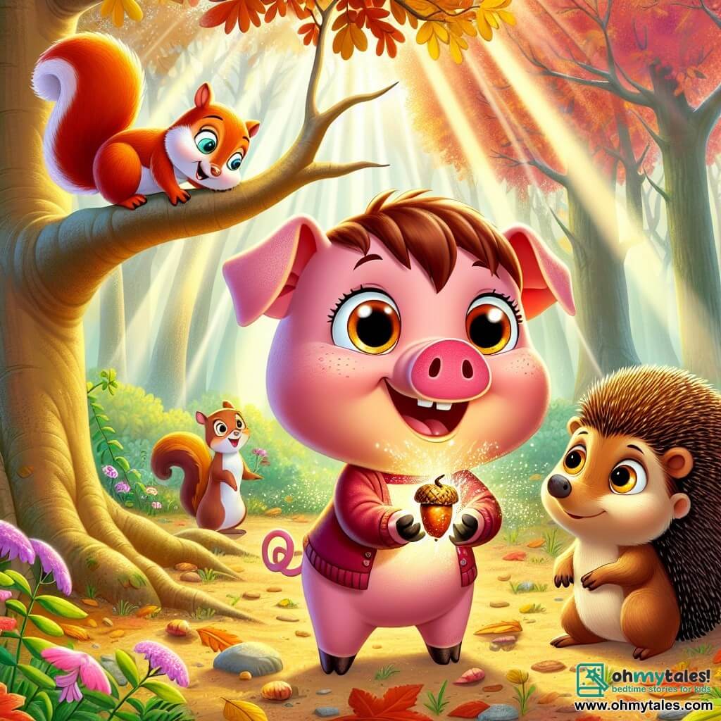 A little pig named Percy, with pink fur and brown spots, and big eyes shining with curiosity, stands at the center of the scene, holding a sparkling magic acorn in his small paws, displaying a wide smile of excitement. Next to him, Clara the squirrel, with her red fur and bushy tail, climbs on a tree branch, watching Percy with an admiring gaze, while Henry the hedgehog, with his brown spines and thoughtful expression, stands a bit back, eyes fixed on the pig, ready to encourage him. The scene takes place in a sunny clearing in the heart of the forest, surrounded by majestic trees with vibrant green leaves, with rays of light filtering through the branches, illuminating the ground covered with colorful flowers and golden leaves. Percy, full of enthusiasm, discovers the magical power of the acorn, while his friends watch eagerly to see what he will accomplish.