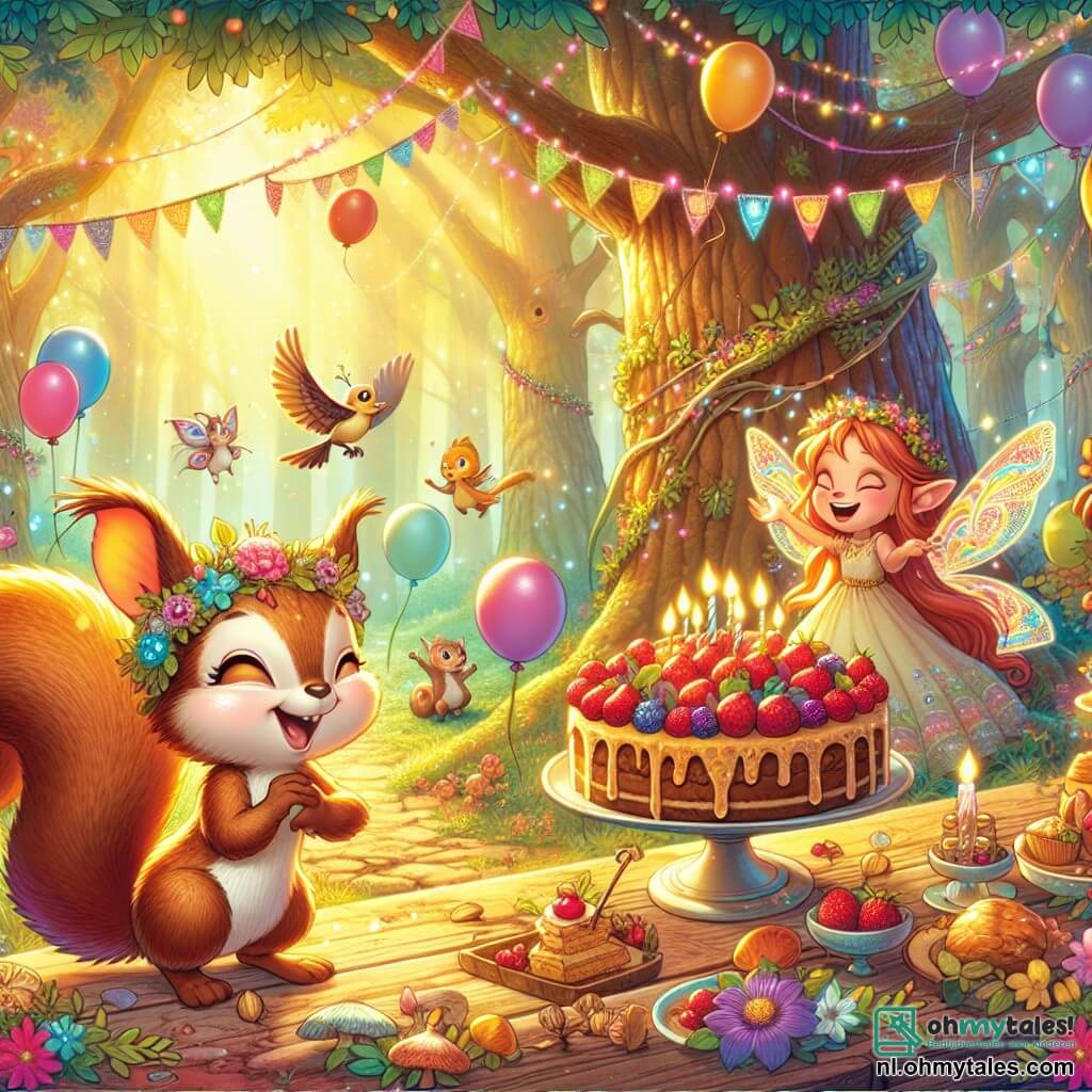 Een klein eekhoorntje met grote oren en een fluffy staart, met een stralende glimlach van vreugde, staat in het midden van de scène, omringd door kleurrijke slingers en zwevende ballonnen. Naast hem staat een klein elfje met glinsterende vleugels, gekleed in een jurk van bloemblaadjes, dat in lachen uitbarst terwijl ze een toverstok vasthoudt, klaar om een vleugje magie aan het feest toe te voegen. Niet ver van hen zingt een vogel met felle veren vrolijk, gezeten op een tak, terwijl een wijze schildpad met een met patronen versierde schild hen met een vriendelijke glimlach observeert. De scène speelt zich af in een betoverde open plek, verlicht door gouden licht, omringd door majestueuze bomen met glanzende bladeren en kleurrijke bloemen die dansen in de wind. In het midden staat een rustieke houten tafel vol heerlijke lekkernijen, waaronder een prachtige bessen taart, klaar om te worden geproefd. Het eekhoorntje, helemaal opgewonden, staat op het punt de kaarsjes op zijn verjaardagstaart uit te blazen, terwijl zijn vrienden zich om hem heen verzamelen, klaar om dit magische moment samen te vieren.