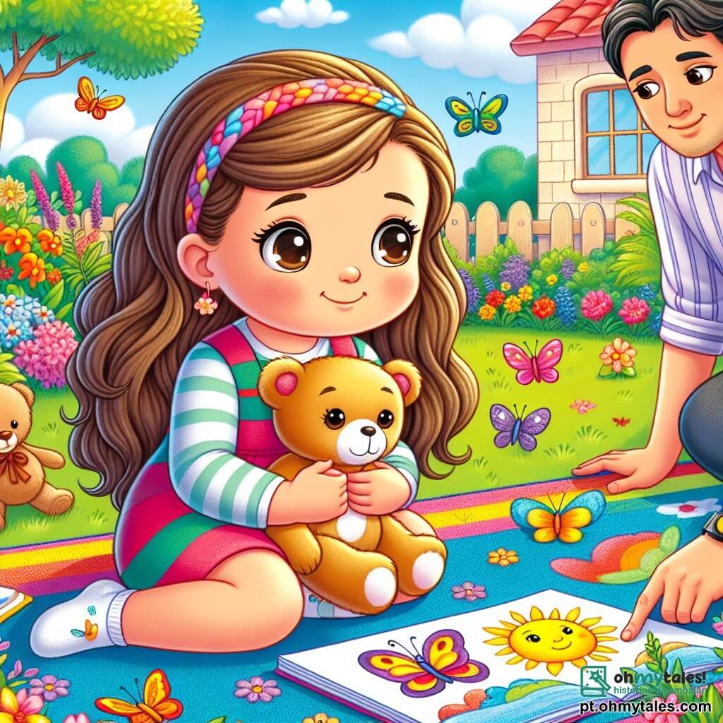 Uma menina de 6 anos, Sofia, com longos cabelos castanhos e olhos brilhantes, está sentada em um tapete colorido no jardim de sua casa. Ela segura seu ursinho de pelúcia, exibindo uma expressão curiosa e um pouco triste, enquanto observa borboletas coloridas voando ao seu redor. Ao lado dela, sua mãe, uma mulher de cerca de trinta anos com cabelos castanhos e um sorriso suave, está agachada, mostrando-lhe um desenho de sol que acabou de fazer, com cores vivas. Um pouco mais longe, seu pai, um homem de cerca de trinta anos com cabelo curto e uma camisa listrada, observa a cena com um olhar afetuoso, segurando um livro de histórias nas mãos. O jardim é preenchido com flores vibrantes, grandes árvores verdes e um céu azul claro, criando uma atmosfera alegre e tranquila. A cena principal mostra Sofia, cercada por seus pais, descobrindo juntos o prazer de desenhar e compartilhar emoções, simbolizando o amor e o apoio familiar apesar das mudanças.