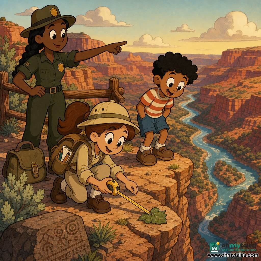 Female explorer, smiling and focused with sparkling eyes, brown hair in a ponytail, wearing a light khaki jacket, beige pants, explorer hat and backpack with a notebook and pencils visible, uses a long yellow measuring tape to gently retrieve a leaf near the cliff edge with a cautious confident posture; female ranger Suri, ~35, brown skin, braided hair, dark green uniform with badge, stands slightly back holding a secured bag, pointing to a safe spot with a calm attentive expression; boy Leo, ~9, curly black hair, striped tee and shorts, knees bent with excitement but hands in pockets, admires the recovered leaf beside the explorer; location: rocky balcony above a layered red-orange ochre canyon with two rivers converging below, wild mint shrubs, rustic wooden railing and an old stone block with carved symbols; calm, careful rescue scene in golden afternoon light with long shadows, respectful adventurous mood.