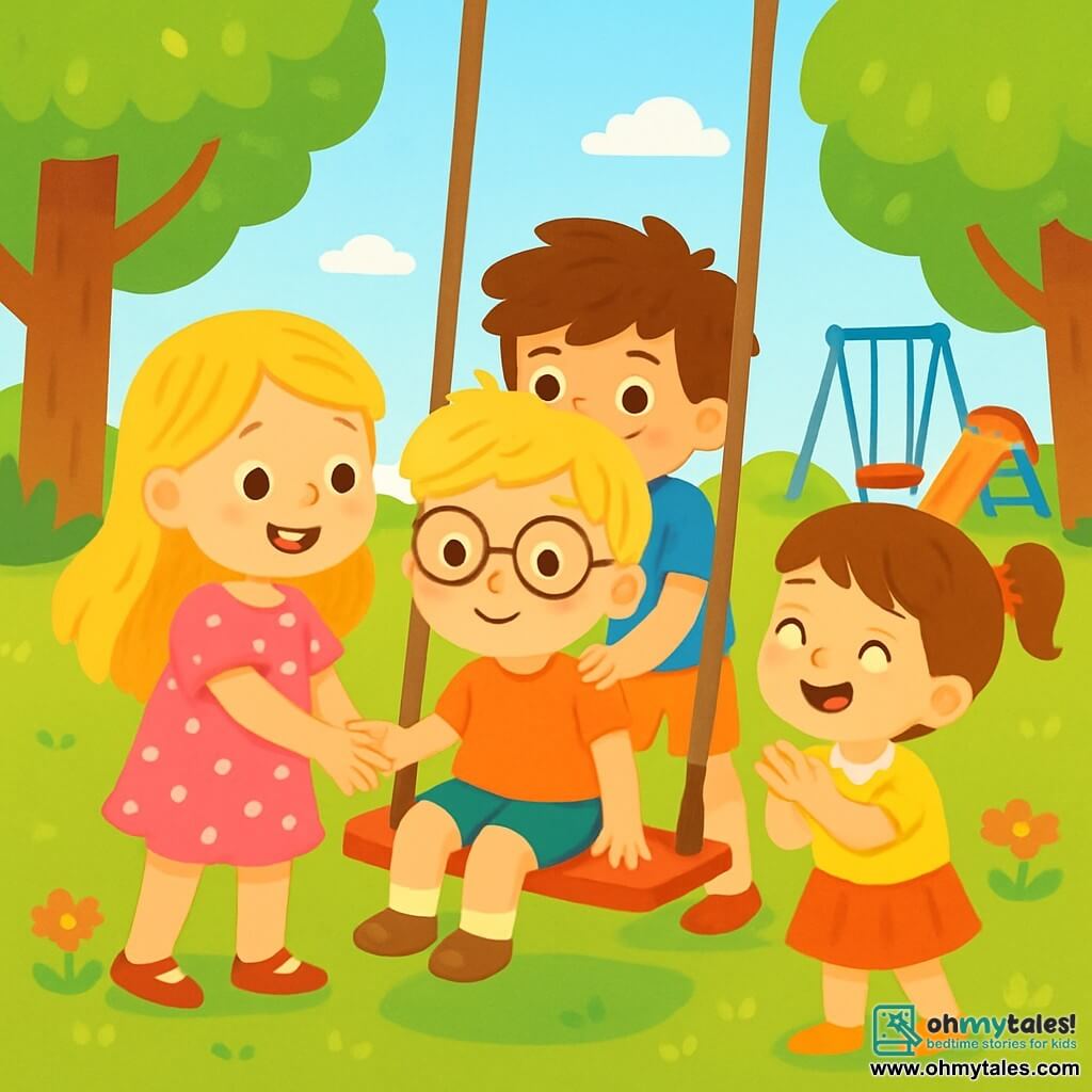 There are 4 children: Lily, a 6-year-old girl with long blonde hair and sparkling eyes, wearing a pink polka dot dress, holding Jack's hand with a big smile; Max, a 7-year-old boy with messy brown hair and a blue t-shirt, standing behind Jack, ready to push him on the swing with an encouraging look; Emma, a 6-year-old girl with brown hair in a small ponytail, in front of Jack, enthusiastically cheering him on; and Jack, a 5-year-old boy with blonde hair and round glasses, sitting on the swing, a bit nervous but smiling, ready to swing. The scene takes place in a large green park filled with majestic trees with bright green leaves, soft grass covering the ground, and colorful flowers dancing in the breeze. In the background, there is a big playground with swings and a slide. The main situation shows Jack on the swing, surrounded by his friends who are cheering him on. Lily is holding his hand, Max is gently pushing him, and Emma is joyfully applauding. All the children are filled with joy and friendship, creating a warm and laughter-filled atmosphere.