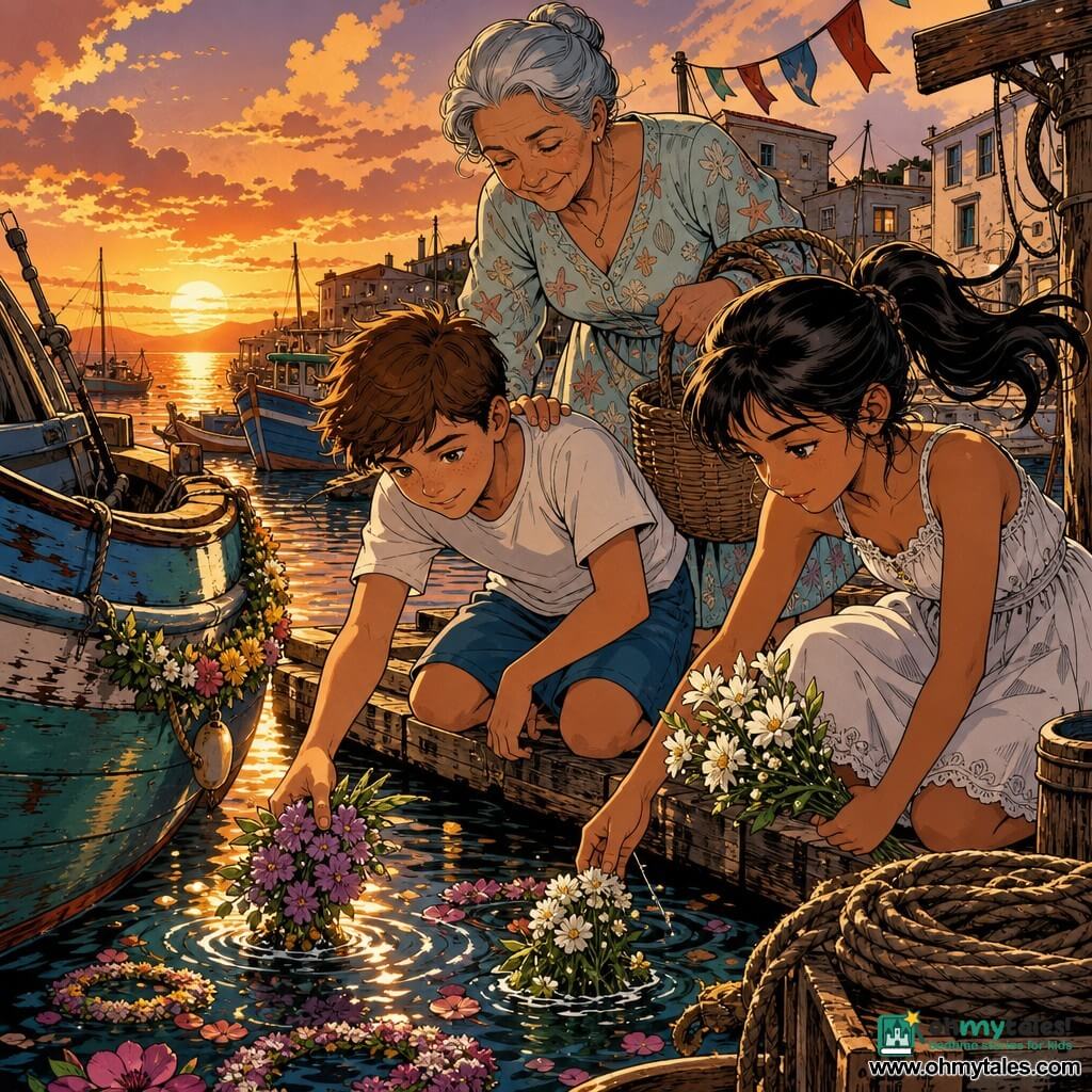 Three characters: Milo (12-year-old boy) with a round freckled face, short brown hair, light t-shirt and blue shorts, left foreground leaning toward the water holding a small bouquet of purple flowers; Nia (11-year-old girl) slightly tan with a black ponytail blowing in the wind, light white dress, right foreground watching the floating flowers while holding white flowers fanned; Grandma Lina (~65) with gentle wrinkled skin, gray hair in a bun, wicker basket and pastel nautical dress, standing behind them smiling with a hand on Milo’s shoulder. Setting: small village harbor at dusk with weathered wooden piers, green-blue fishing boats, coiled ropes, wooden crates, colorful bunting and golden sunset reflections on calm water. Main action: Milo and Nia gently place their bouquets near a decorated boat and the flowers float in spirals as Grandma Lina watches; warm, respectful mood, clear petal details, small waves and sparkling highlights, expressions of concentration and calm.