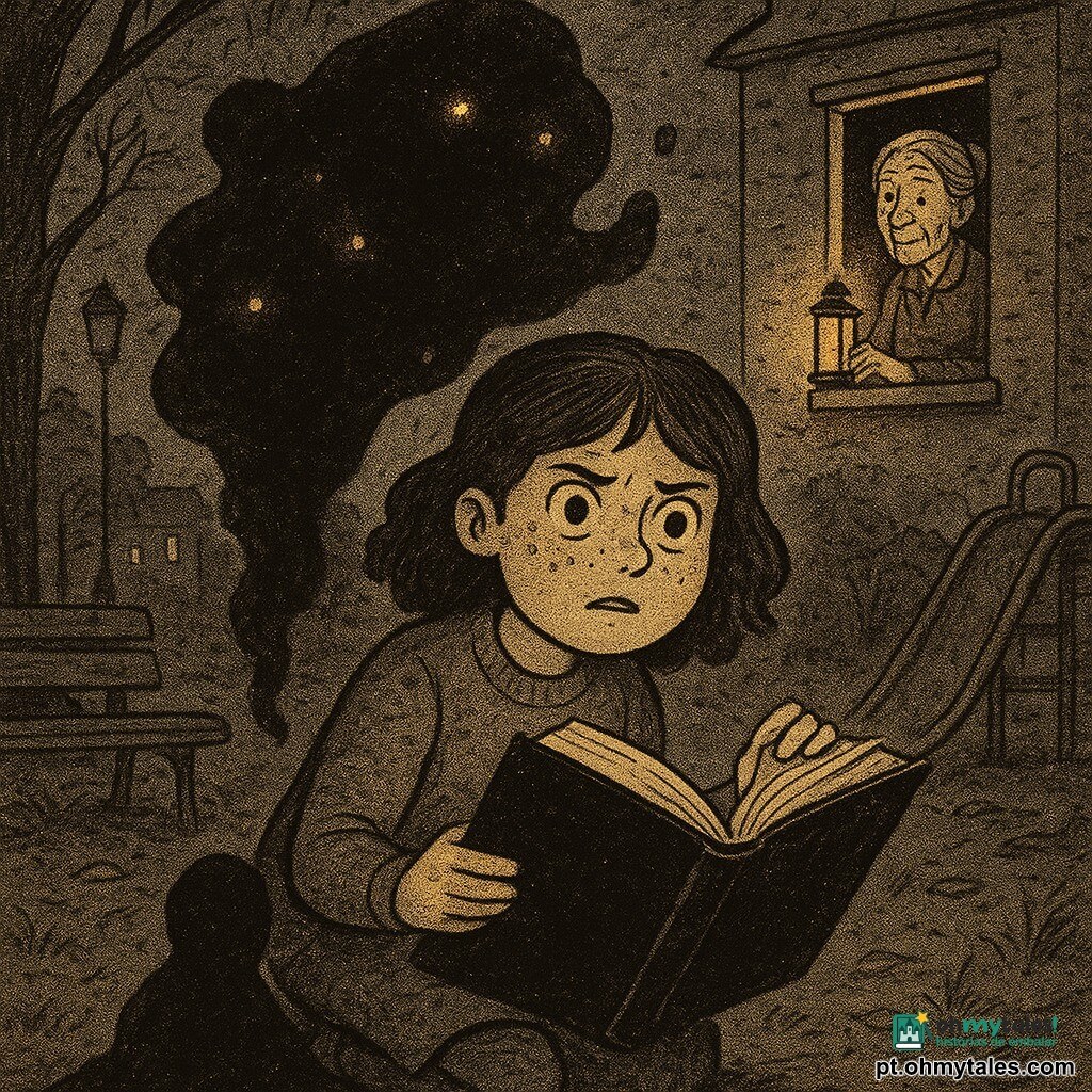 Clara, 12 anos, rosto redondo com sardas, olhos grandes e decididos, expressão preocupada e corajosa, ajoelhada na relva molhada segurando um grande livro preto aberto e virando lentamente uma página; Dona Cidália, cerca de 70 anos, cabelo grisalho preso em coque, rosto enrugado e benevolente, segura uma pequena lanterna na janela de uma casa ao fundo olhando para Clara; ao pé de Clara uma sombra informe e mais escura que o chão, companheira muda sem traços humanos; o Apagador, grande massa de fumaça preta e texturada sem rosto com cavidades profundas e pontos luminosos presos que começam a escapar como vagalumes em direção às janelas; praça do parque à noite com um banco velho, escorregador enferrujado e grande raiz de árvore, chão coberto de folhas secas e relva amassada, postes apagados e algumas janelas acesas; cena principal dramática centrada em Clara e no livro, contrastes fortes de preto com pequenos pontos de luz quente, atmosfera tensa porém cheia de esperança; estilização com textura granulada de jornal, traços de tinta visíveis e paleta limitada a pretos, cinzas, ocres e amarelos quentes.