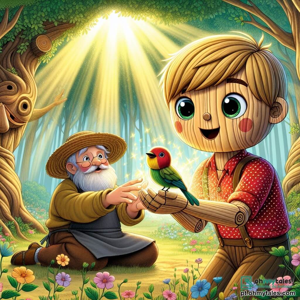 Pinocchio, um menino de madeira com cabelos loiros e olhos brilhantes de curiosidade, está no centro da cena, com um grande sorriso iluminando seu rosto esculpido. Ele veste uma camisa vermelha com bolinhas brancas e uma calça azul, enquanto liberta um pequeno pássaro colorido, suas mãos delicadas estendidas com suavidade. Ao seu lado, Gepeto, um homem idoso com um rosto benevolente e barba branca, observa com orgulho, usando um avental de couro e um chapéu de palha, com as mãos cruzadas sobre o peito, admirando o ato de bondade de seu filho de madeira. Ao fundo, a floresta encantada se estende até onde a vista alcança, com árvores de troncos grossos e folhas verdes vibrantes, enquanto raios de sol filtram através dos galhos, criando reflexos de luz dourada no chão coberto de flores coloridas. A cena principal mostra Pinocchio, cheio de entusiasmo e compaixão, salvando um pequeno pássaro preso em um arbusto, ilustrando a magia da amizade e da bondade em um mundo de conto de fadas.