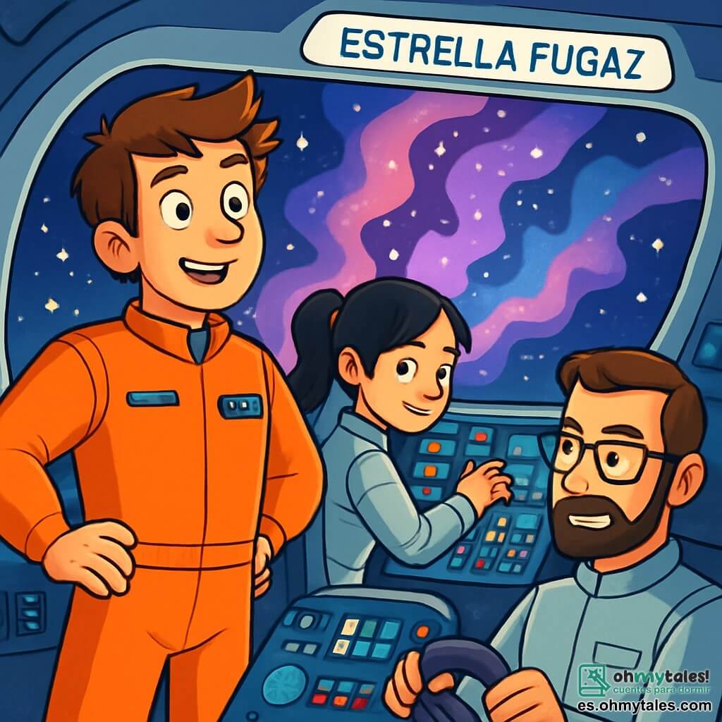 Un hombre, el comandante Alejandro Vega, está de pie en la cabina de la nave espacial "Estrella Fugaz". Tiene el cabello castaño despeinado, ojos llenos de curiosidad y una sonrisa decidida. Mira a través de la gran ventanilla, maravillado por el espectáculo de las estrellas brillantes y la Nebulosa Misteriosa que se dibuja ante él, con colores vivos de violeta y azul. A su lado, la joven ingeniera Mei, de unos 25 años, ajusta controles en un panel. Tiene el cabello negro recogido en una coleta y lleva un traje espacial plateado. Su rostro expresa concentración y emoción. El piloto Tomás, un hombre de unos treinta años, está sentado en su asiento, con las manos en el volante. Tiene una barba bien cuidada y gafas que le dan un aire inteligente. Echa un vistazo a Alejandro, listo para despegar hacia lo desconocido. La escena transcurre en el interior de la cabina, llena de luces parpadeantes y pantallas que muestran datos espaciales. Fuera, la Nebulosa se despliega en todo su esplendor, con nubes de gas colorido y estrellas brillantes. La situación principal muestra a Alejandro y su equipo preparándose para entrar en la Nebulosa Misteriosa, con una mezcla de emoción y aprensión en sus rostros, mientras se disponen a descubrir los secretos del universo.