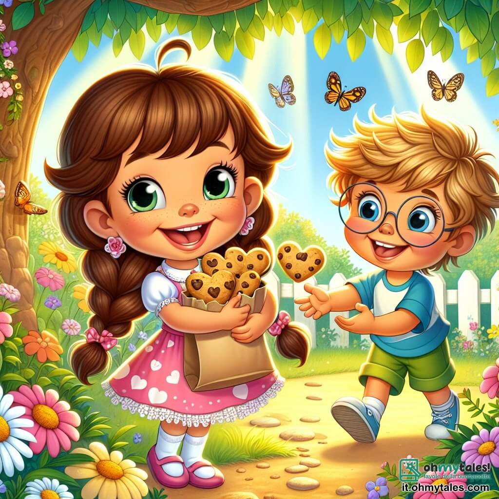 Una bambina di 6 anni, Sofia, con lunghi capelli castani intrecciati e un grande sorriso gioioso, è al centro dell'immagine. Indossa un vestito rosa a pois bianchi e tiene una borsa di carta piena di biscotti a forma di cuore. I suoi occhi brillano di eccitazione mentre si prepara a offrire le sue dolcezze al suo amico. Accanto a lei, Marco, un ragazzo di 6 anni con capelli biondi disordinati e occhiali rotondi, guarda Sofia con meraviglia. Indossa una maglietta blu e pantaloni corti verdi, mentre tende la mano per prendere un biscotto. Sullo sfondo, il giardino soleggiato è pieno di fiori colorati, margherite e farfalle che svolazzano. Un grande albero ombreggiante si erge accanto a loro, con rami che si estendono sopra, creando un'atmosfera calda e accogliente. La scena principale mostra Sofia e Marco che condividono un momento di felicità, circondati dai loro amici che si radunano attorno a loro, ridendo e giocando, mentre Fido, un piccolo cane birichino, si avvicina per annusare i biscotti. L'immagine trasmette un'atmosfera festosa e gioiosa, piena di amicizia e condivisione per San Valentino.