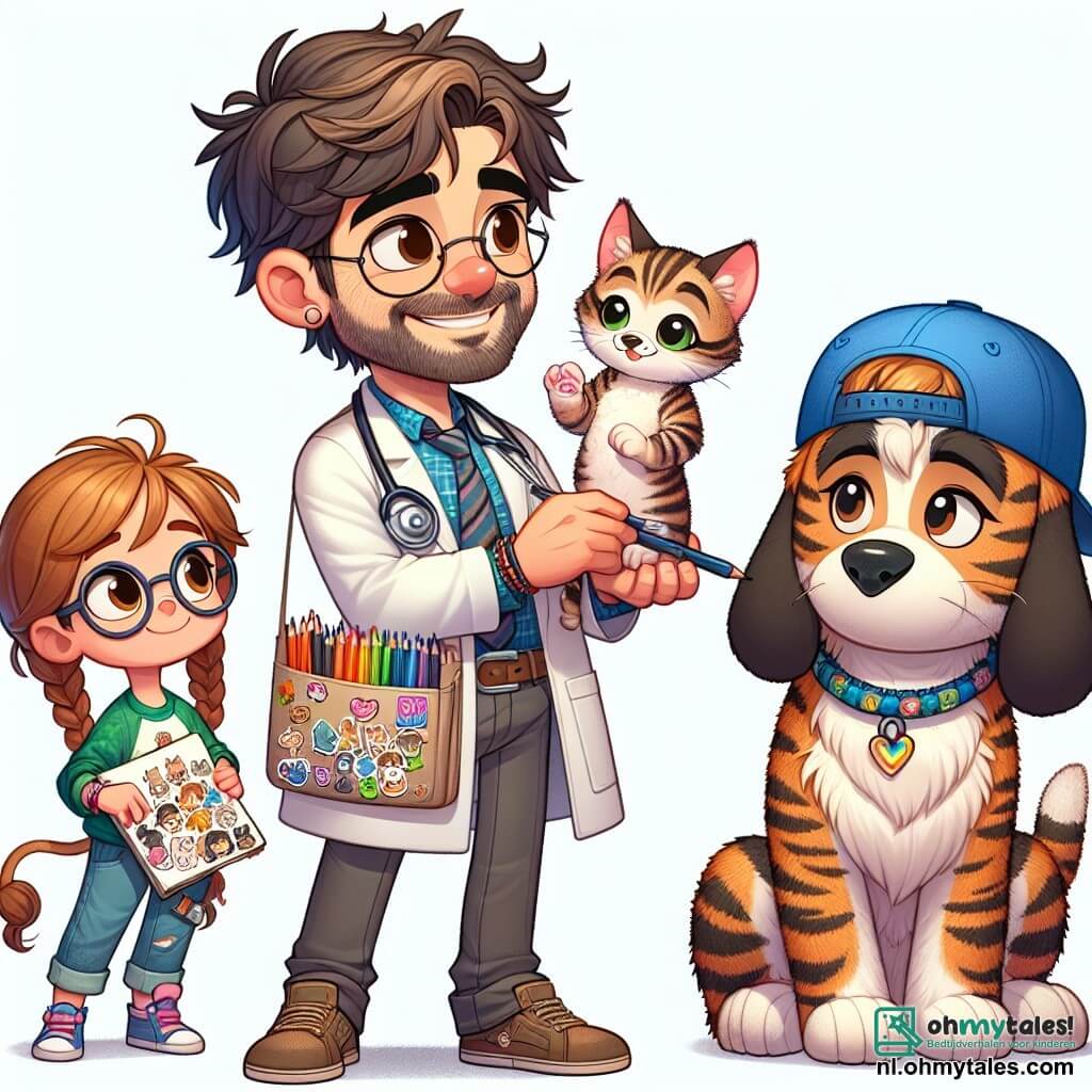 De hoofdpersoon is een man genaamd Dr. Dierenliefde, een dertiger met rommelig bruin haar en een goed verzorgde baard. Hij heeft een grote warme glimlach en een kleurrijke schort vol met potloden en kleine stickers. Hij houdt een schattige getijgerde kitten op zijn schoot, terwijl hij haar liefdevol aankijkt. Naast hem staat Emma, een 8-jarig meisje met gevlochten blond haar en ronde bril, die verwonderd naar de scène kijkt. Ze draagt een t-shirt met hondenmotieven en een spijkerbroek en heeft een schetsboek in haar handen, klaar om het moment vast te leggen. Sam, een 9-jarige jongen met een blauwe pet en een ondeugende glimlach, staat iets op afstand verkleed als hond met grote viltoren. Hij kijkt Dr. Dierenliefde bewonderend aan, enthousiast om deel te nemen aan het avontuur. De scène speelt zich af in een kleurrijke en gastvrije dierenartspraktijk met pastelgroene muren en posters van verschillende dieren. Er liggen speeltjes voor dieren verspreid over de vloer en een groot raam laat zonlicht binnen, wat de ruimte verlicht. Dr. Dierenliefde legt de kinderen uit hoe ze voor dieren moeten zorgen, terwijl Emma tekent en Sam doet alsof hij een blije hond is, wat een vrolijke en leerzame sfeer creëert.