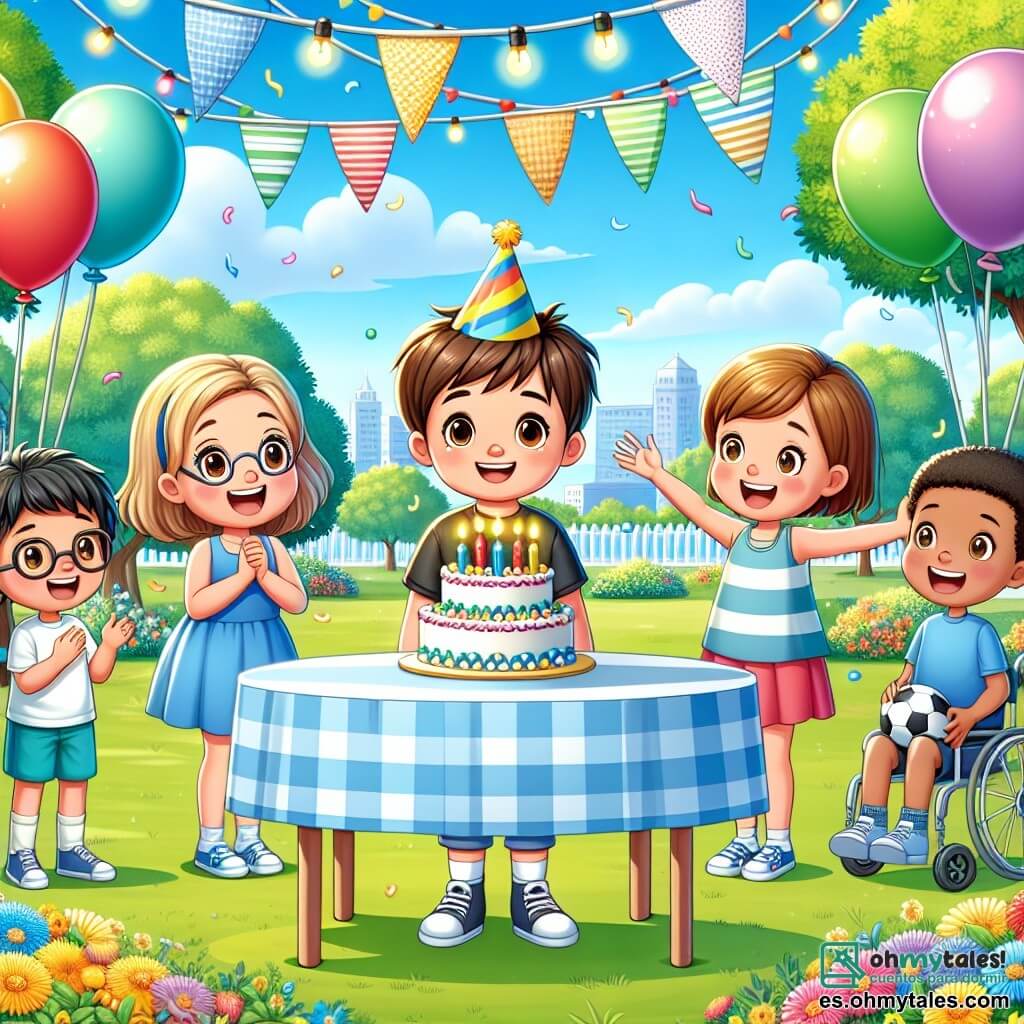 En un parque soleado, un niño de 10 años llamado Pablo, con cabello castaño y ojos brillantes, está en el centro sonriendo maravillado ante una gran mesa decorada con globos de colores y un pastel de cumpleaños. A su izquierda, su mejor amiga Ana, una niña de 9 años con cabello rubio y gafas, levanta los brazos exclamando "¡Sorpresa!" con una gran sonrisa. A su derecha, Miguel, un niño de 10 años con cabello negro y piel morena, sostiene un balón de fútbol, listo para jugar. Más lejos, Luis, un niño de 11 años en silla de ruedas, sonríe alegremente rodeado de sus amigos. El parque está lleno de flores brillantes, árboles verdes y un cielo azul claro, creando un ambiente festivo y alegre. La situación principal muestra a Pablo descubriendo su fiesta de cumpleaños sorpresa, rodeado de amigos que lo aclaman, creando un momento de felicidad y camaradería.
