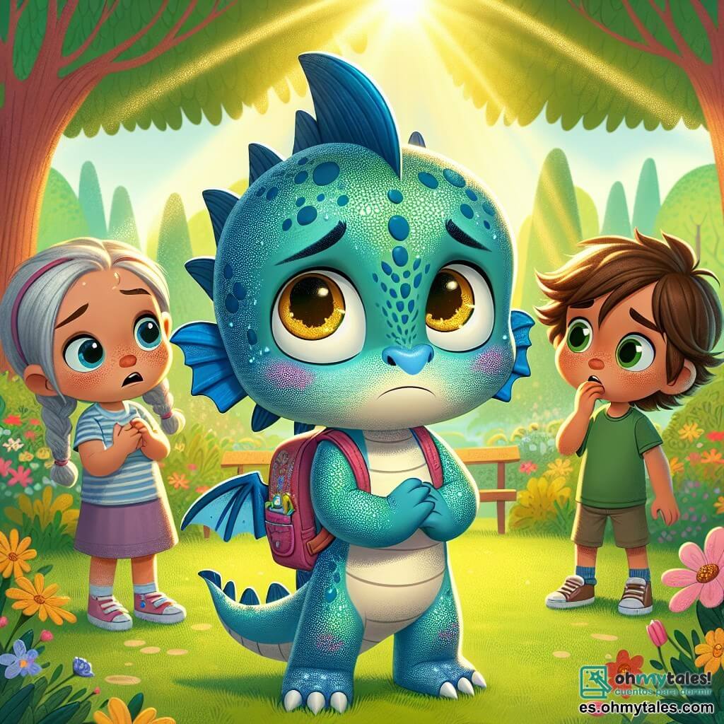 En el centro de la imagen, Lucas, un pequeño dragón de escamas azules brillantes y ojos dorados, se encuentra con una expresión de nerviosismo en su rostro, sus alas ligeramente plegadas. Lleva una mochila colorida y mira a sus amigos con una mezcla de aprensión y determinación, listo para revelar su secreto. A su derecha, Sofía, una niña de cabello rubio trenzado y vestido rosa, muestra una expresión de sorpresa e inquietud, con las manos en las caderas, como si esperara una explicación. A su izquierda, Tomás, un niño de cabello castaño desordenado y camiseta verde, observa a Lucas con curiosidad, sus ojos abiertos, listo para escuchar. El escenario se desarrolla en un parque soleado, lleno de flores coloridas y grandes árboles de hojas verdes, creando una atmósfera alegre y acogedora. Los rayos de sol filtran a través de las ramas, iluminando el rostro de Lucas. La situación principal muestra a Lucas, rodeado de sus amigos, tomando una profunda respiración antes de compartir la verdad sobre su mentira, un momento crucial donde elige la honestidad frente al miedo al juicio.