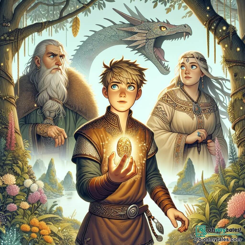 În centrul imaginii, Erik, un tânăr viking de aproximativ 18 ani, stă cu o expresie de determinare pe față. Are părul blond și zbârlit, o barbă începătoare și poartă o tunică din piele decorată cu motive nordice. În mâna dreaptă, ține o amuletă strălucitoare care emite o lumină aurie, în timp ce privirea sa este fixată pe un dragon majestuos care se află în fața lui. În stânga, o bătrână misterioasă, de aproximativ 70 de ani, cu părul lung argintiu și ochi pătrunzători, observă scena cu un zâmbet înțelept. Ea este îmbrăcată într-o rochie simplă, brodată cu simboluri antice, și se află ușor în retragere, ca o păzitoare a secretelor. În fundal, dragonul, imens și impunător, are solzi verzi și aurii care strălucesc la soare, iar ochii săi sunt de un galben strălucitor, părea atât amenințător, cât și majestuos, cu aripile desfăcute creând o umbră pe sol. Decorul este o insulă misterioasă, acoperită de o junglă luxuriantă, cu copaci uriași cu frunze strălucitoare și flori colorate care adaugă o notă de magie. La distanță, se văd ruine antice, martorii unei civilizații uitate. Situația principală îl arată pe Erik, pregătit să înfrunte dragonul, ridicând amuleta spre el, hotărât să stabilească o legătură pașnică, în timp ce bătrâna îl observă, pregătită să-i ofere sfaturile sale înțelepte.
