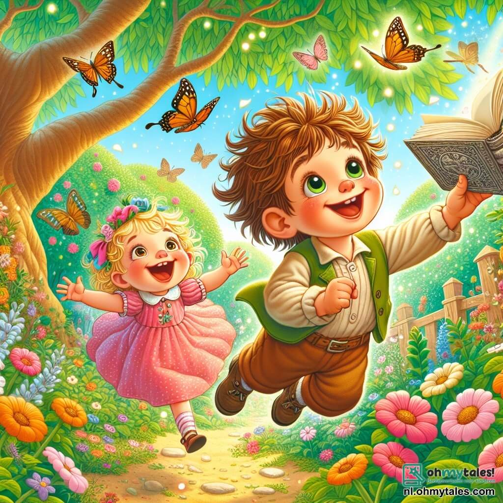 Een 4-jarig jongetje, Sam, met rommelig bruin haar en sprankelende ogen van blijdschap, springt van blijdschap in een groene tuin, terwijl hij een oude zilveren les in zijn kleine handen vasthoudt. Naast hem staat zijn 2-jarige zusje, Lotte, met blonde krullen en een roze jurk met stippen, die luid lacht terwijl ze haar broer imiteert, met haar armen wijd uitgestrekt alsof ze vliegt. De tuin is gevuld met kleurrijke bloemen, fladderende vlinders en een grote schaduwrijke boom, waar het zonlicht door de bladeren filtert. De scène toont Sam en Lotte die doen alsof ze vliegen, omringd door een vrolijke en magische sfeer, met stralende glimlachen en gelach die hun dag verlichten.