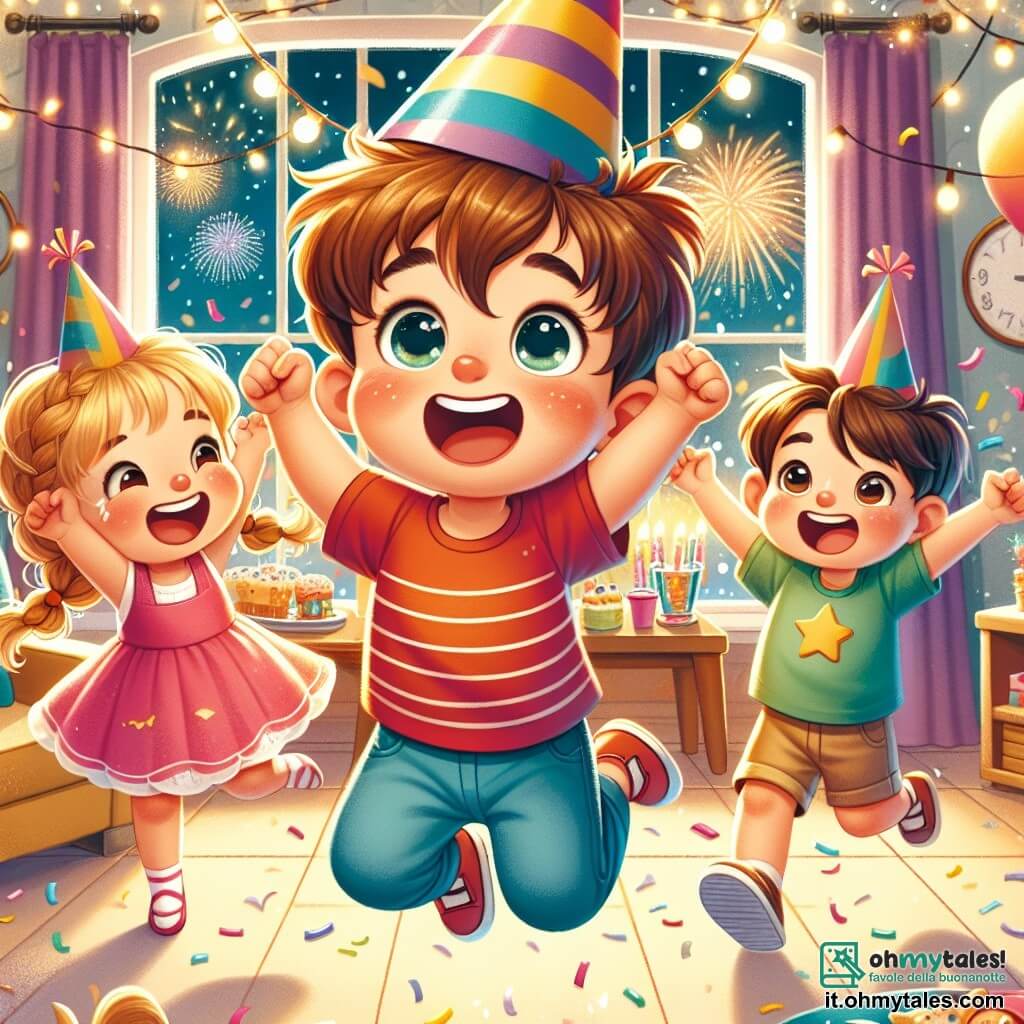 Un bambino di 4 anni, Leo, con i capelli castani in disordine e occhi brillanti di gioia, indossa una maglietta rossa e pantaloni blu. Salta di gioia con un grande sorriso, tenendo un cappello da festa a righe colorate. Accanto a lui, la sua migliore amica Sara, una bambina di 4 anni con capelli biondi intrecciati e un vestito rosa, ride indossando un cappello a forma di stella. Marco, un bambino di 5 anni con capelli castani e una maglietta verde, balla agitando le braccia, circondato da coriandoli che volano nell'aria. La scena si svolge in un salotto caldo, decorato con luci scintillanti, palloncini colorati e un grande tavolo pieno di deliziose leccornie. Sullo sfondo, un orologio segna l'avanzare della notte e i fuochi d'artificio illuminano il cielo attraverso la finestra. Leo e i suoi amici contano insieme fino al nuovo anno, ridendo e urlando di gioia, pronti a festeggiare l'arrivo dell'anno successivo in un'atmosfera festosa e felice.