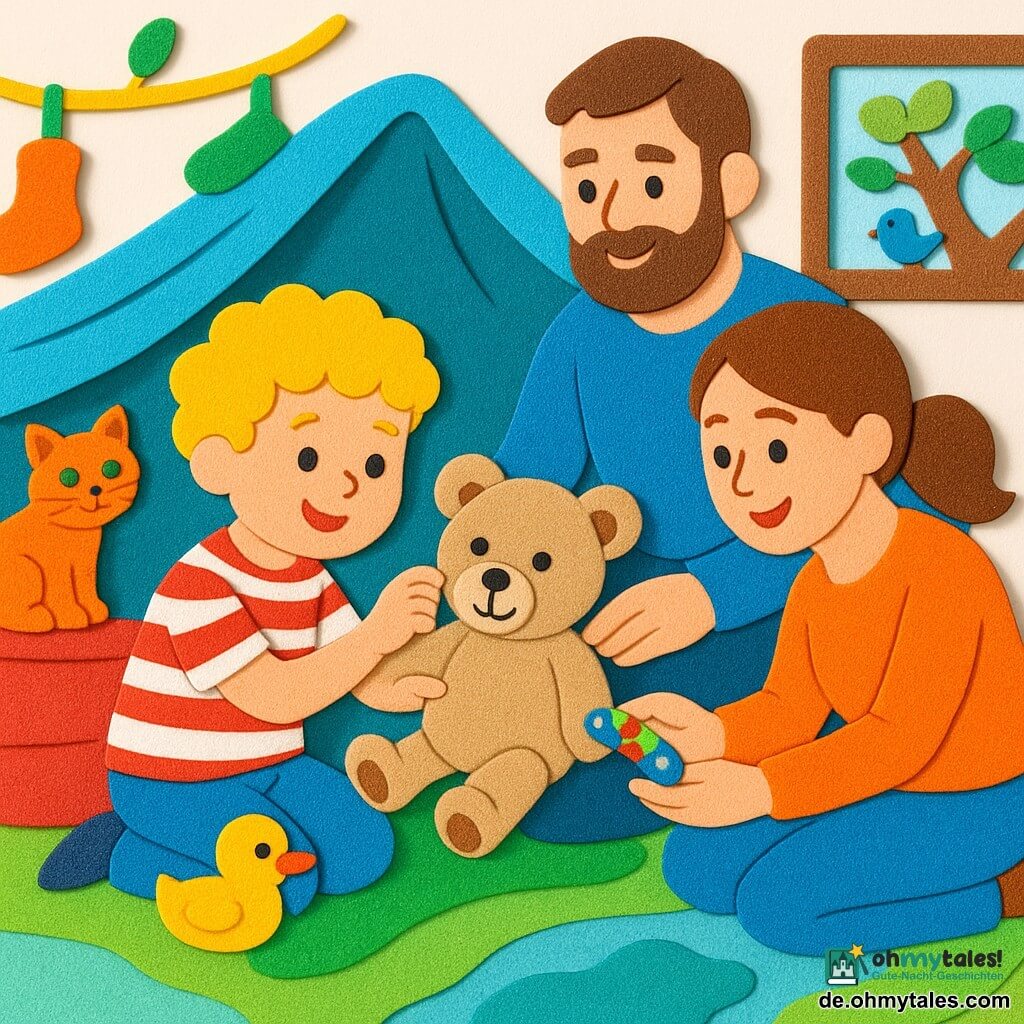 Ein 4-jähriger Junge, fröhlich und konzentriert mit lockigem blondem Haar, spielt in einer blau-grünen Deckenhöhle wie in einer Fantasiejungle mit seinem beigen Teddybär Oskar (gesticktes Auge, hängendes Ohr, genähtes Lächeln) und reicht ihm behutsam die Hand, während auf seinem Schoß eine kleine gelbe Stoffente liegt; er trägt ein rot-weiß gestreiftes Hemd und blaue Hosen und hockt in der Höhle, die das Wohnzimmer in ein Dschungelboot verwandelt (Sofa als rotes Boot, Kissen als bunte Felsen, grüner Teppich als Fluss, Sockengirlanden als Lianen); die lächelnde Mutter mit zusammengebundenem kastanienbraunem Haar kniet rechts und hält ein buntes Pflaster, der bärtige, geduldige Vater sitzt hinter dem Jungen und hält die Plüschfigur sanft, während die rötliche Kätzin Mimi mit grünen Augen und eingerollter Schwanz vom Sofarücken nahe einem Fenster mit Vögeln zuschaut; eine zarte, abenteuerliche und fürsorgliche Szene mit kräftigen Farben, einfachen Formen, EVA-Schaumtexturen, weichem Licht und wohlwollenden Ausdrücken.