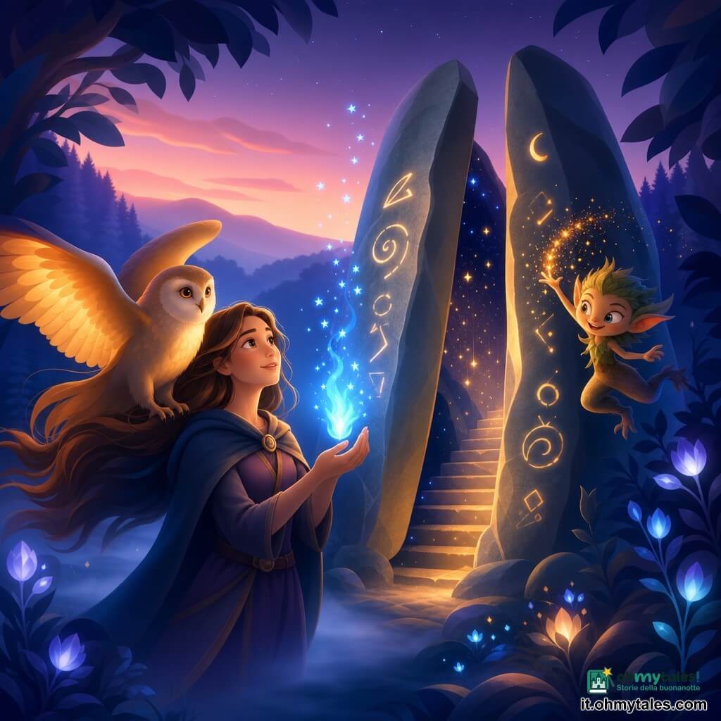 Mira, giovane donna sui 20–25 anni dal volto dolce e determinato e lunghi capelli castani mossi dal vento, tiene tra le mani una piccola fiamma blu brillante che illumina il suo viso; sullʼspalla destra posa un grande gufo dorato chiamato Auriel, ali semiaperte e sguardo protettivo verso la fiamma; accanto al menhir salta un folletto birichino dai capelli di muschio e occhi maliziosi, lanciando scintille dorate; il massiccio menhir di pietra grigia, coperto di rune luminose, si apre in una fessura verticale da cui scendono gradini dorati verso una sala interna cosparsa di gemme che scintillano come stelle; tutt’intorno una foresta dalle foglie blu-notte e fiori fosforescenti, leggera bruma a terra e allʼorizzonte un’alba rosa pallido: scena principale—Mira in piedi davanti al menhir socchiuso che presenta la fiamma blu che si eleva in piccole stelle luminose, atmosfera magica, eroica e serena con forti contrasti tra ombra notturna e calda luce dellʼalba.