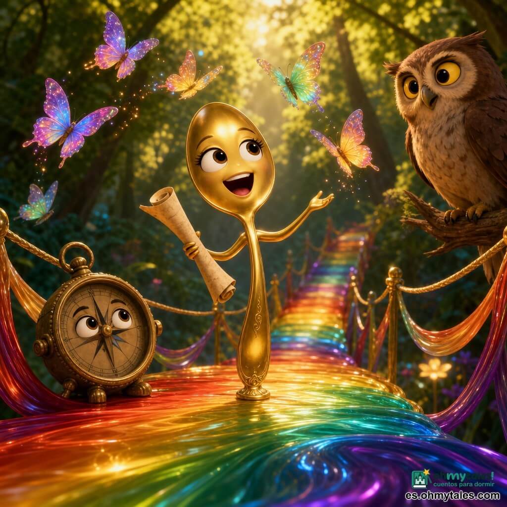 Cuchi, una pequeña cuchara parlante de metal dorado con grandes ojos y sonrisa, canta con porte orgulloso y sostiene un viejo mapa enrollado; a su lado, Bruno, una brújula de bronce envejecido, la guía mientras un grupo de mariposas multicolores aletea y aplaude; Orión, un búho sabio de plumaje castaño y ojos amarillos, escucha desde una rama baja a la derecha; todo ocurre en un puente arcoíris suspendido sobre un claro boscoso, donde los arcos líquidos se solidifican bajo sus pies formando una pasarela brillante, en una atmósfera mágica, cálida y esperanzadora.